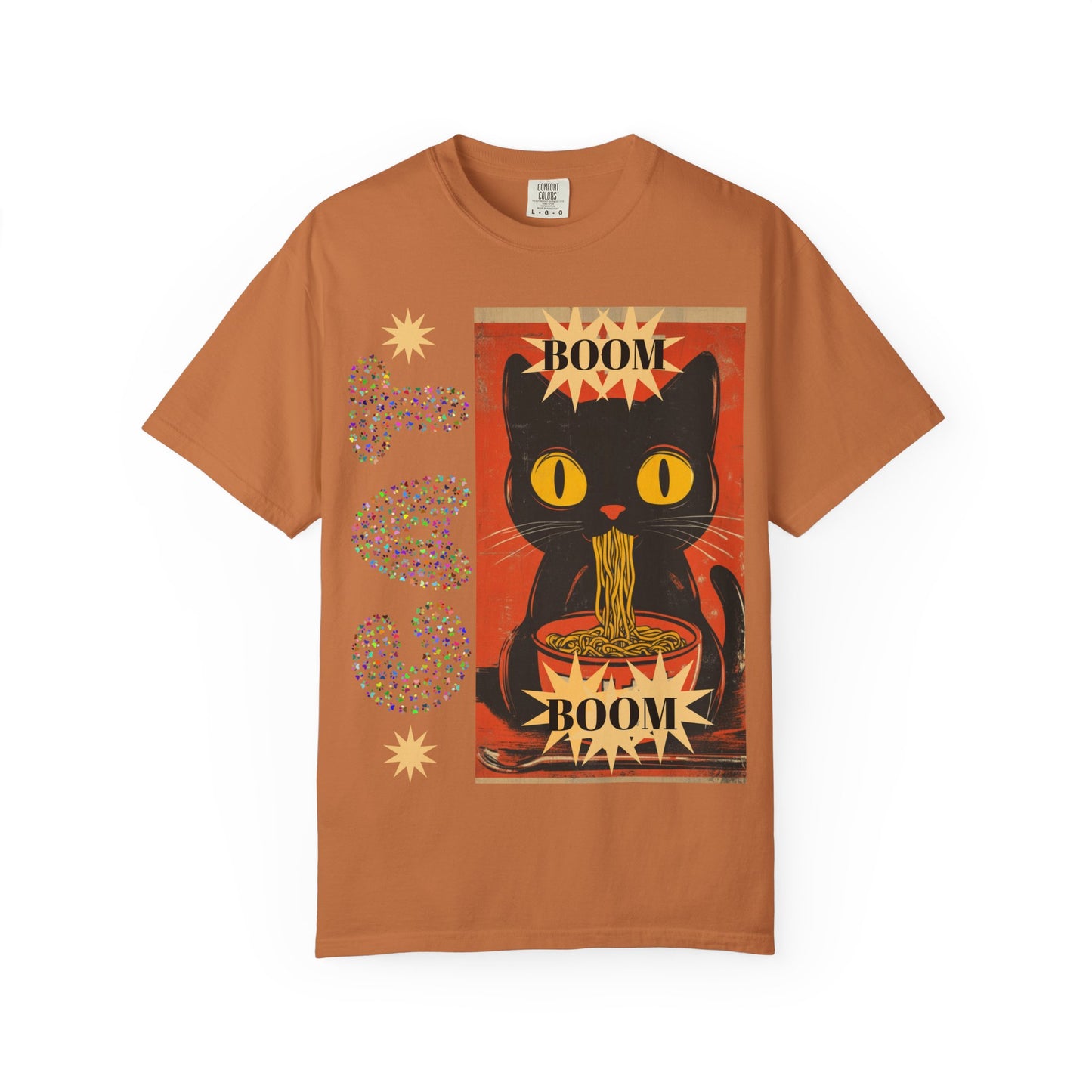 Boom Cat. Retro Cat Graphic T-Shirt, Cute Cat Tee for Food Lovers, Unique Gift for Cat Lovers, Fun Casual Wear, Vintage Style Shirt
