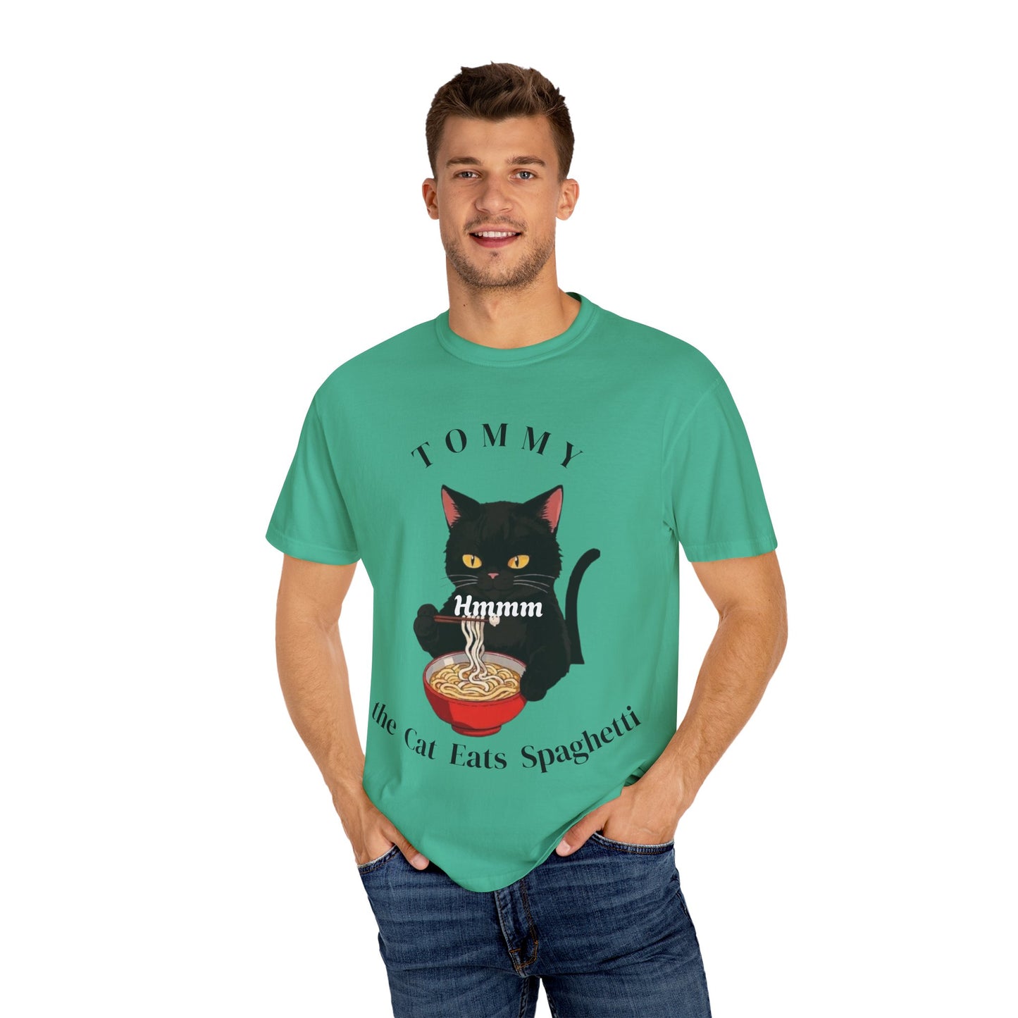 Funny Cat T-Shirt - Tommy the Cat Eats Spaghetti, Gift for Cat Lovers, Cute Pet Apparel, Relaxed Summer Tee, Cat-Themed Clothing