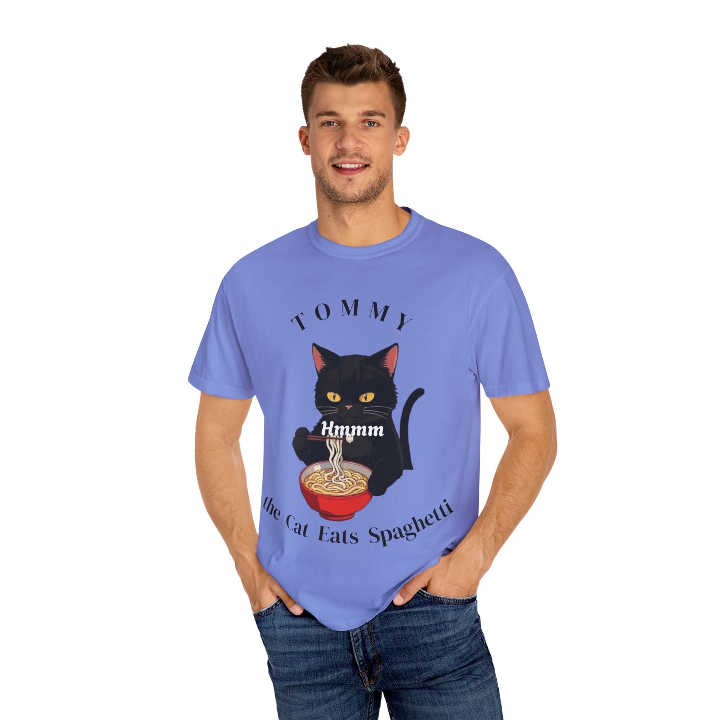 Funny Cat T-Shirt - Tommy the Cat Eats Spaghetti, Gift for Cat Lovers, Cute Pet Apparel, Relaxed Summer Tee, Cat-Themed Clothing