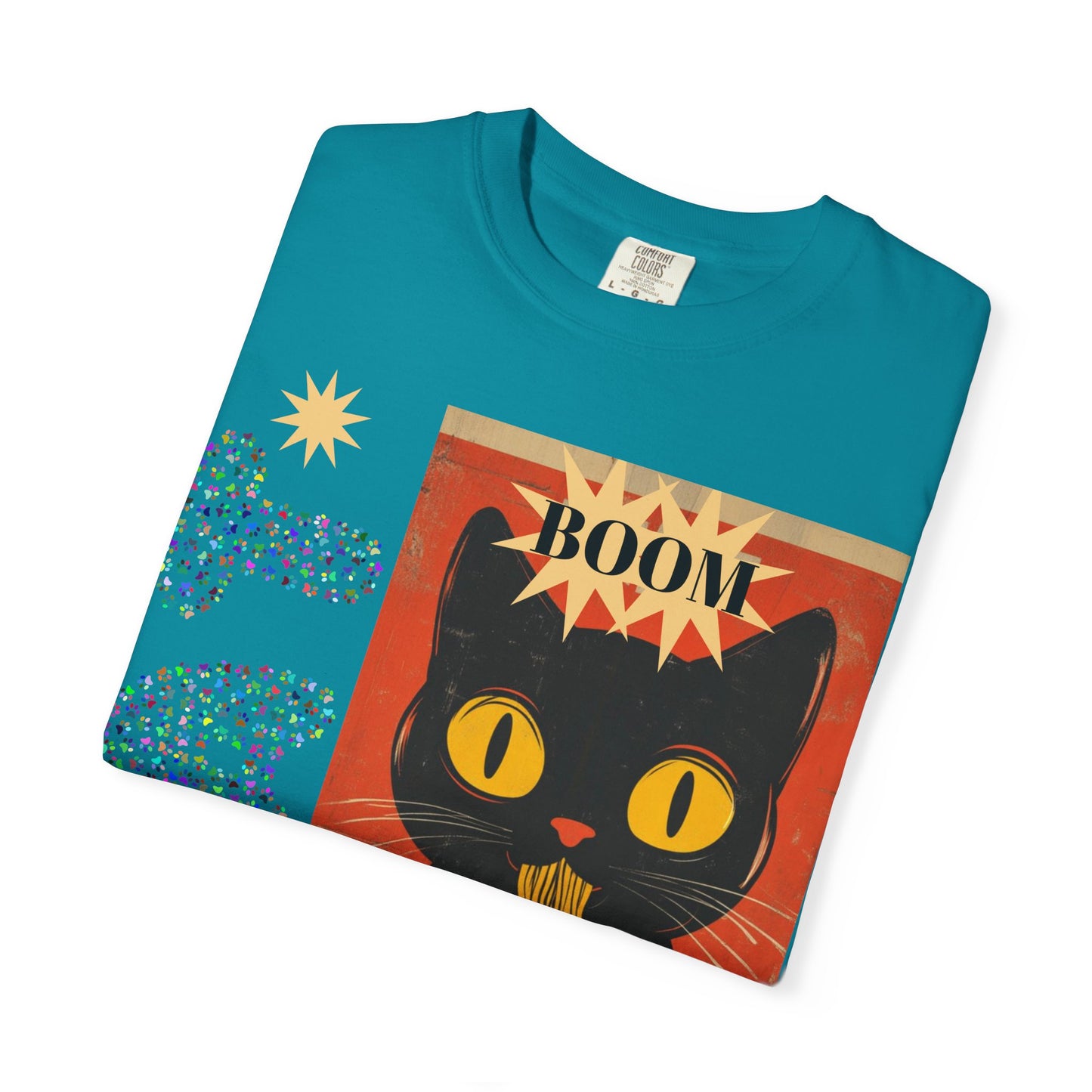 Boom Cat. Retro Cat Graphic T-Shirt, Cute Cat Tee for Food Lovers, Unique Gift for Cat Lovers, Fun Casual Wear, Vintage Style Shirt