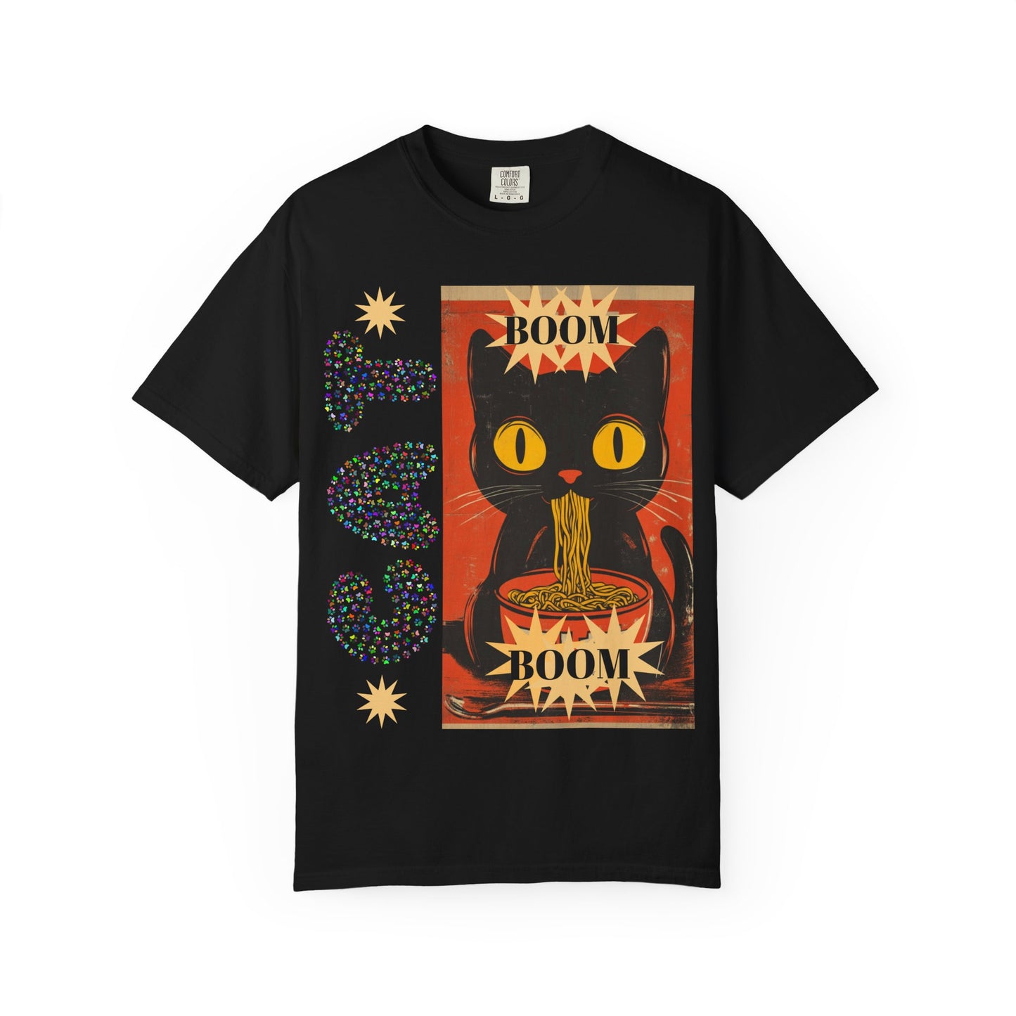 Boom Cat. Retro Cat Graphic T-Shirt, Cute Cat Tee for Food Lovers, Unique Gift for Cat Lovers, Fun Casual Wear, Vintage Style Shirt