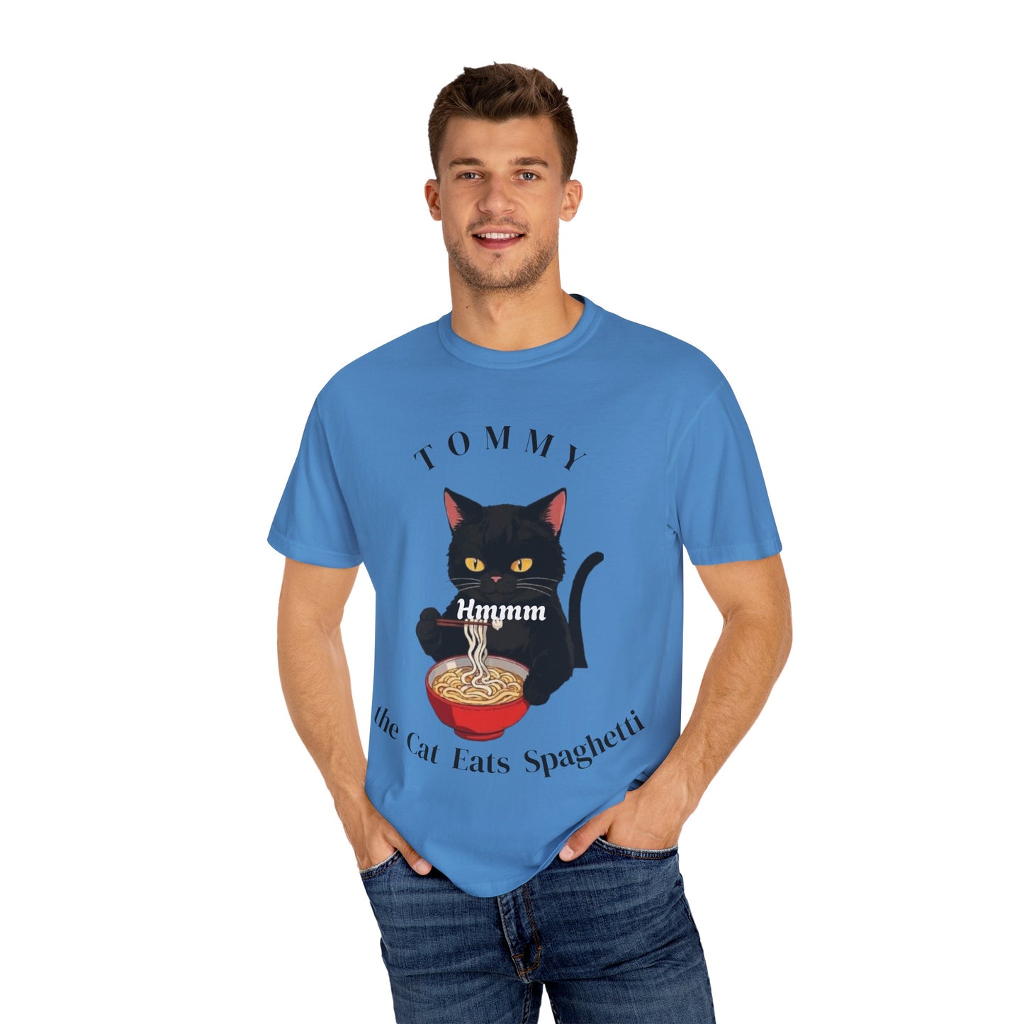 Funny Cat T-Shirt - Tommy the Cat Eats Spaghetti, Gift for Cat Lovers, Cute Pet Apparel, Relaxed Summer Tee, Cat-Themed Clothing
