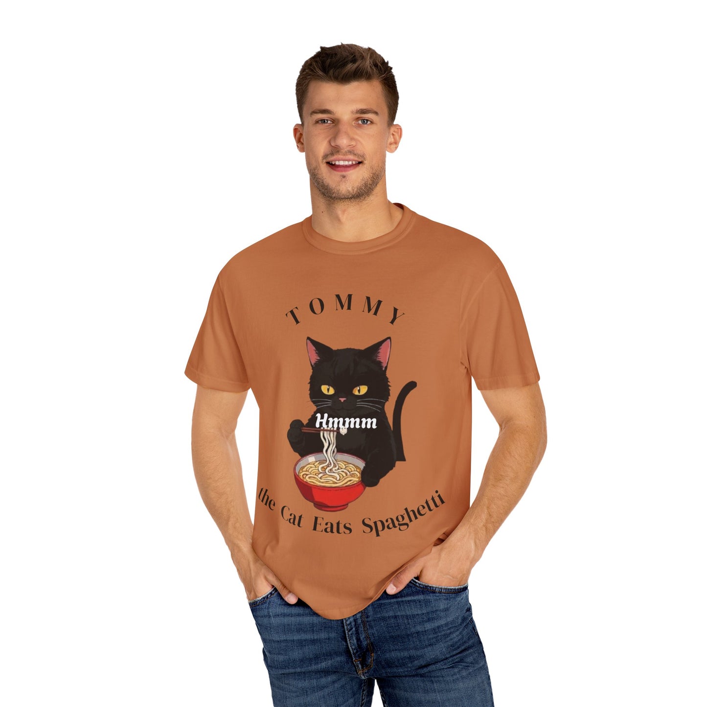 Funny Cat T-Shirt - Tommy the Cat Eats Spaghetti, Gift for Cat Lovers, Cute Pet Apparel, Relaxed Summer Tee, Cat-Themed Clothing