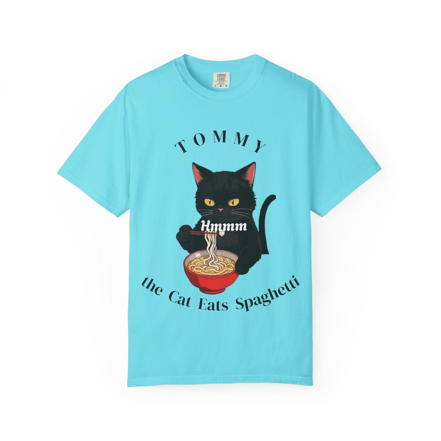 Funny Cat T-Shirt - Tommy the Cat Eats Spaghetti, Gift for Cat Lovers, Cute Pet Apparel, Relaxed Summer Tee, Cat-Themed Clothing