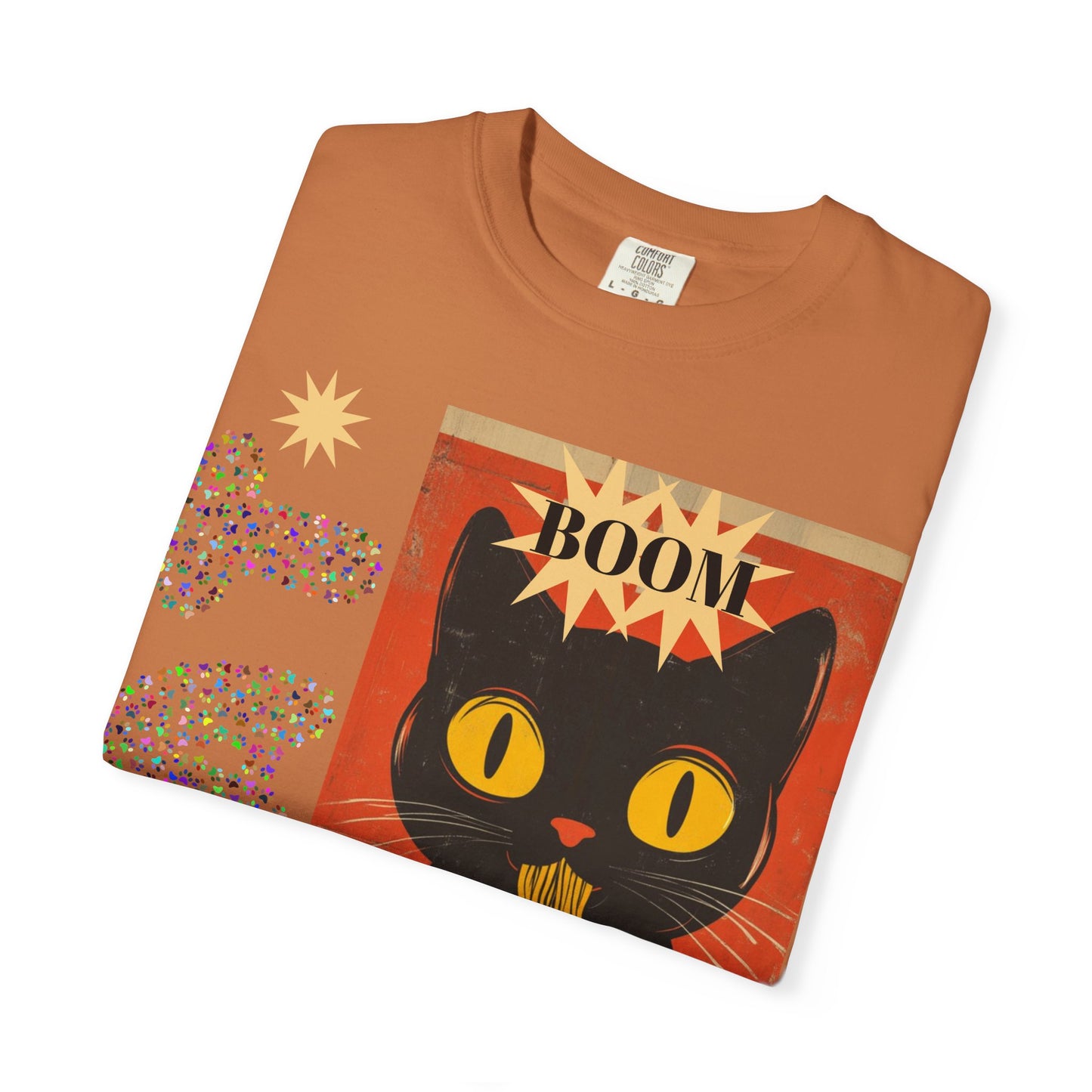 Boom Cat. Retro Cat Graphic T-Shirt, Cute Cat Tee for Food Lovers, Unique Gift for Cat Lovers, Fun Casual Wear, Vintage Style Shirt