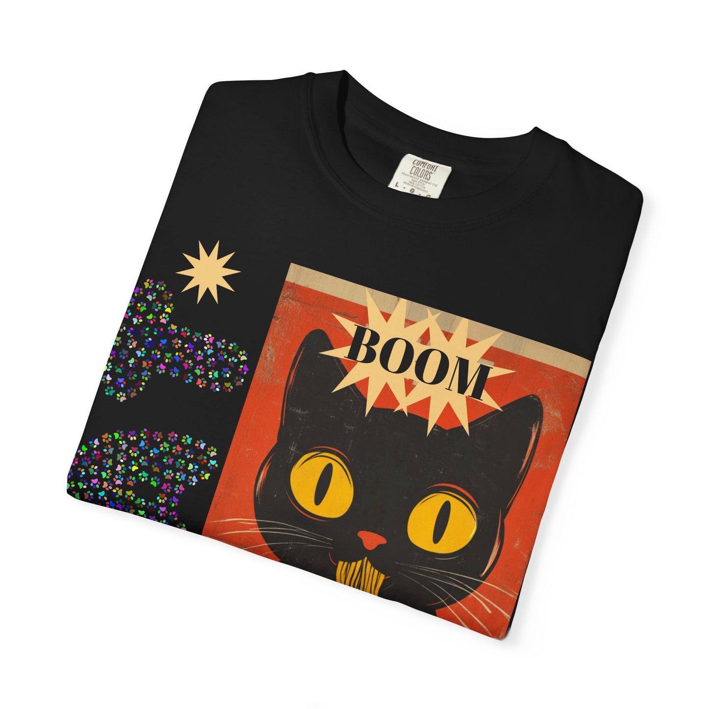 Boom Cat. Retro Cat Graphic T-Shirt, Cute Cat Tee for Food Lovers, Unique Gift for Cat Lovers, Fun Casual Wear, Vintage Style Shirt