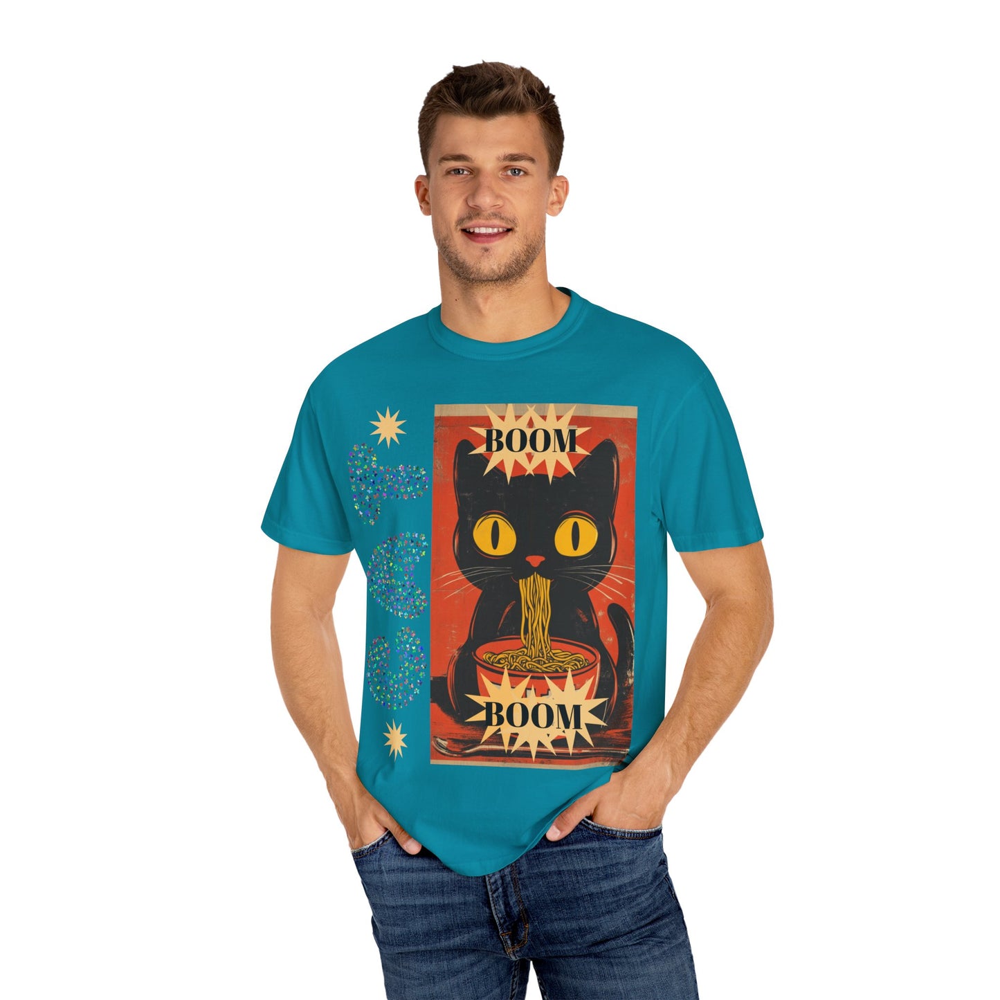 Boom Cat. Retro Cat Graphic T-Shirt, Cute Cat Tee for Food Lovers, Unique Gift for Cat Lovers, Fun Casual Wear, Vintage Style Shirt