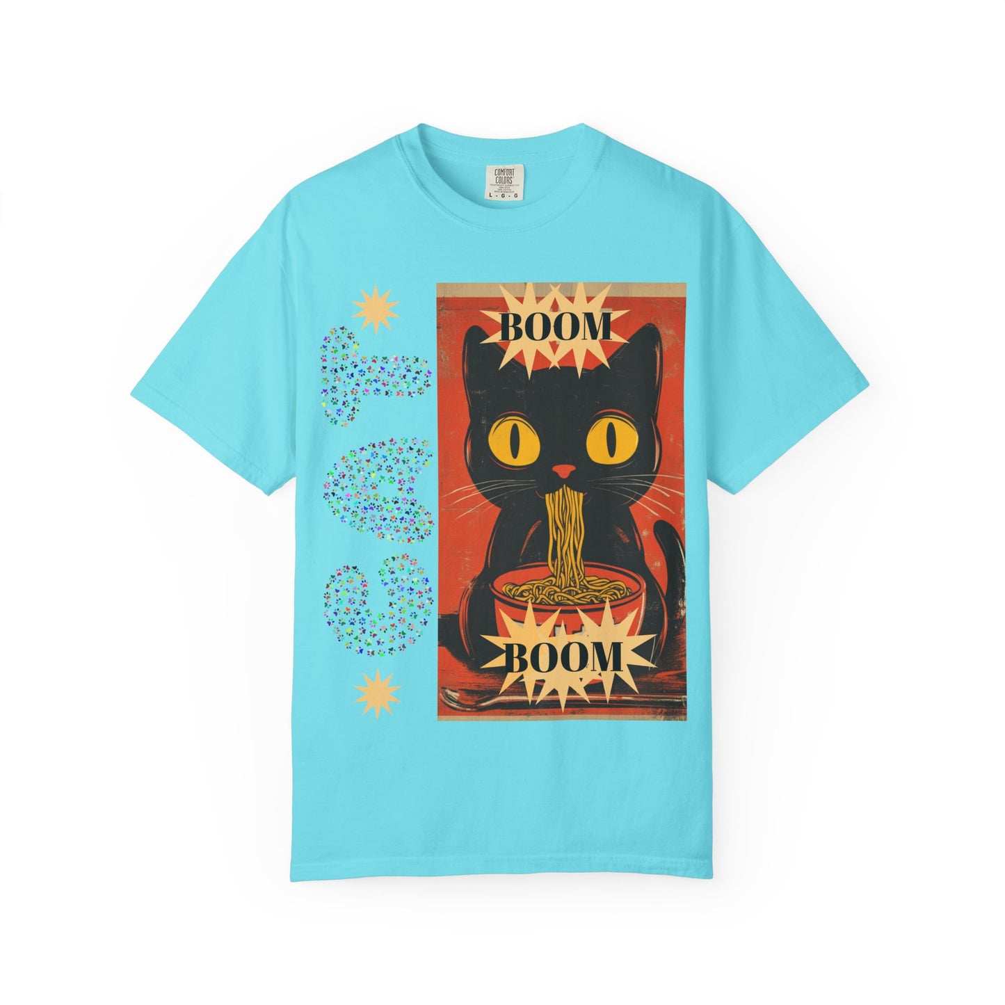Boom Cat. Retro Cat Graphic T-Shirt, Cute Cat Tee for Food Lovers, Unique Gift for Cat Lovers, Fun Casual Wear, Vintage Style Shirt