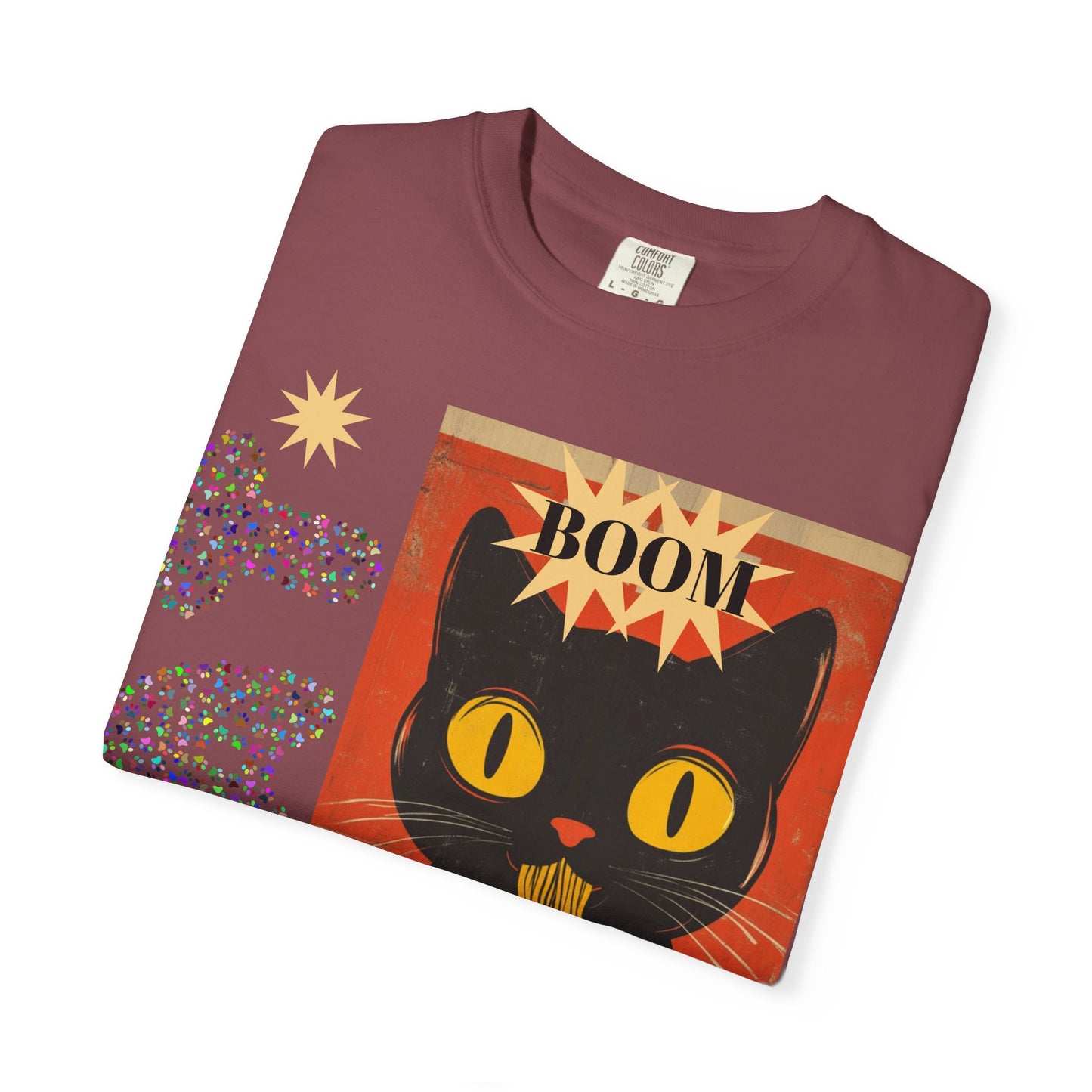 Boom Cat. Retro Cat Graphic T-Shirt, Cute Cat Tee for Food Lovers, Unique Gift for Cat Lovers, Fun Casual Wear, Vintage Style Shirt