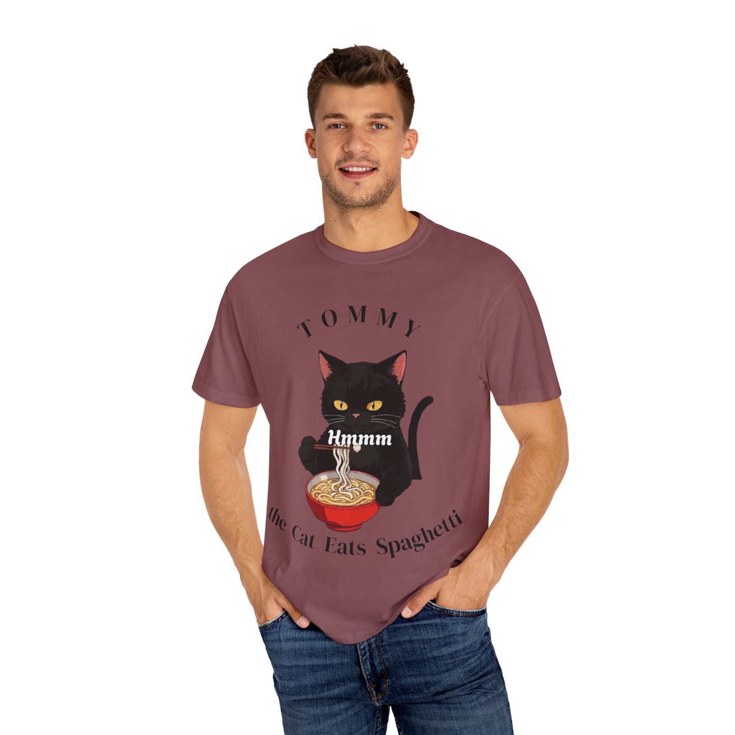 Funny Cat T-Shirt - Tommy the Cat Eats Spaghetti, Gift for Cat Lovers, Cute Pet Apparel, Relaxed Summer Tee, Cat-Themed Clothing