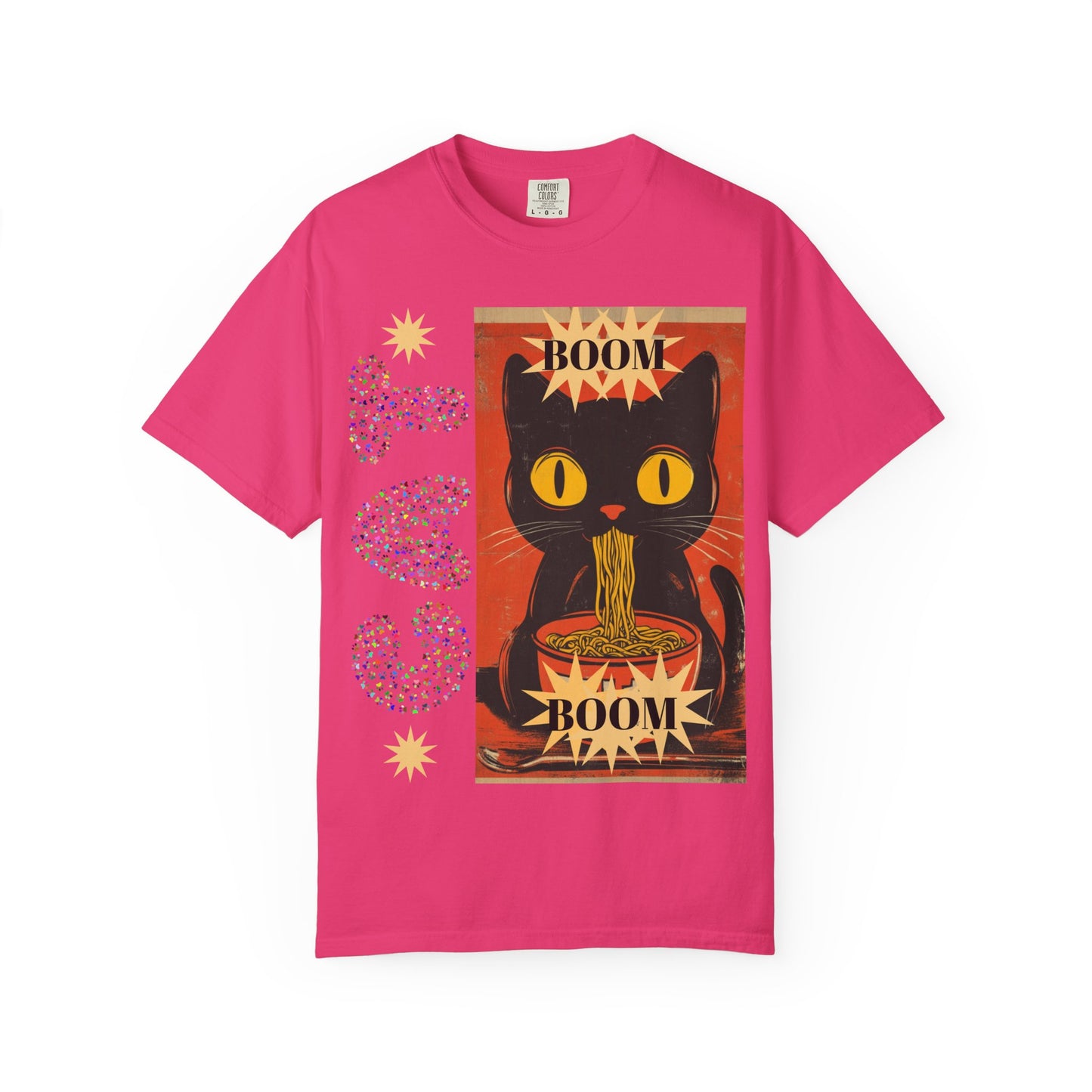 Boom Cat. Retro Cat Graphic T-Shirt, Cute Cat Tee for Food Lovers, Unique Gift for Cat Lovers, Fun Casual Wear, Vintage Style Shirt