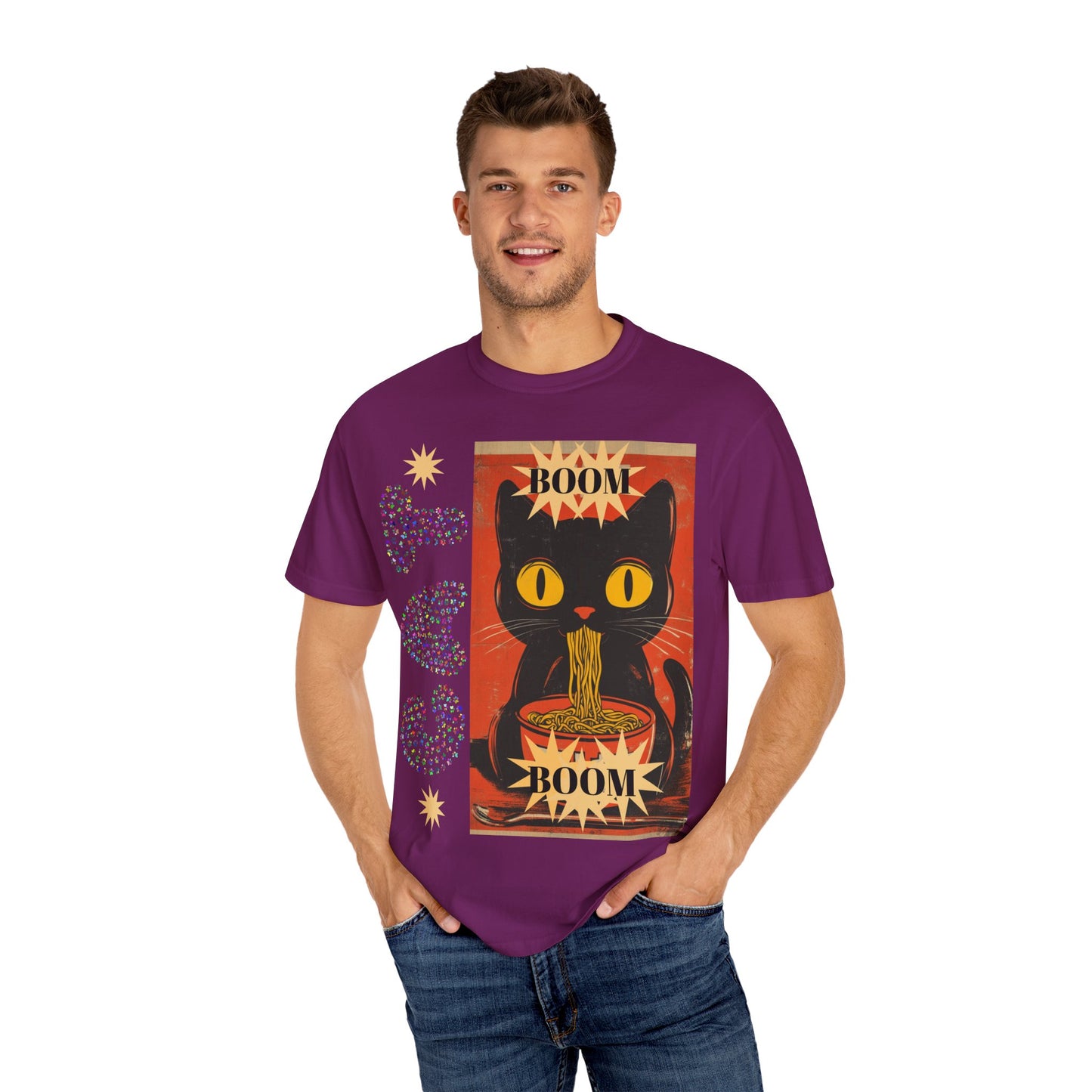 Boom Cat. Retro Cat Graphic T-Shirt, Cute Cat Tee for Food Lovers, Unique Gift for Cat Lovers, Fun Casual Wear, Vintage Style Shirt