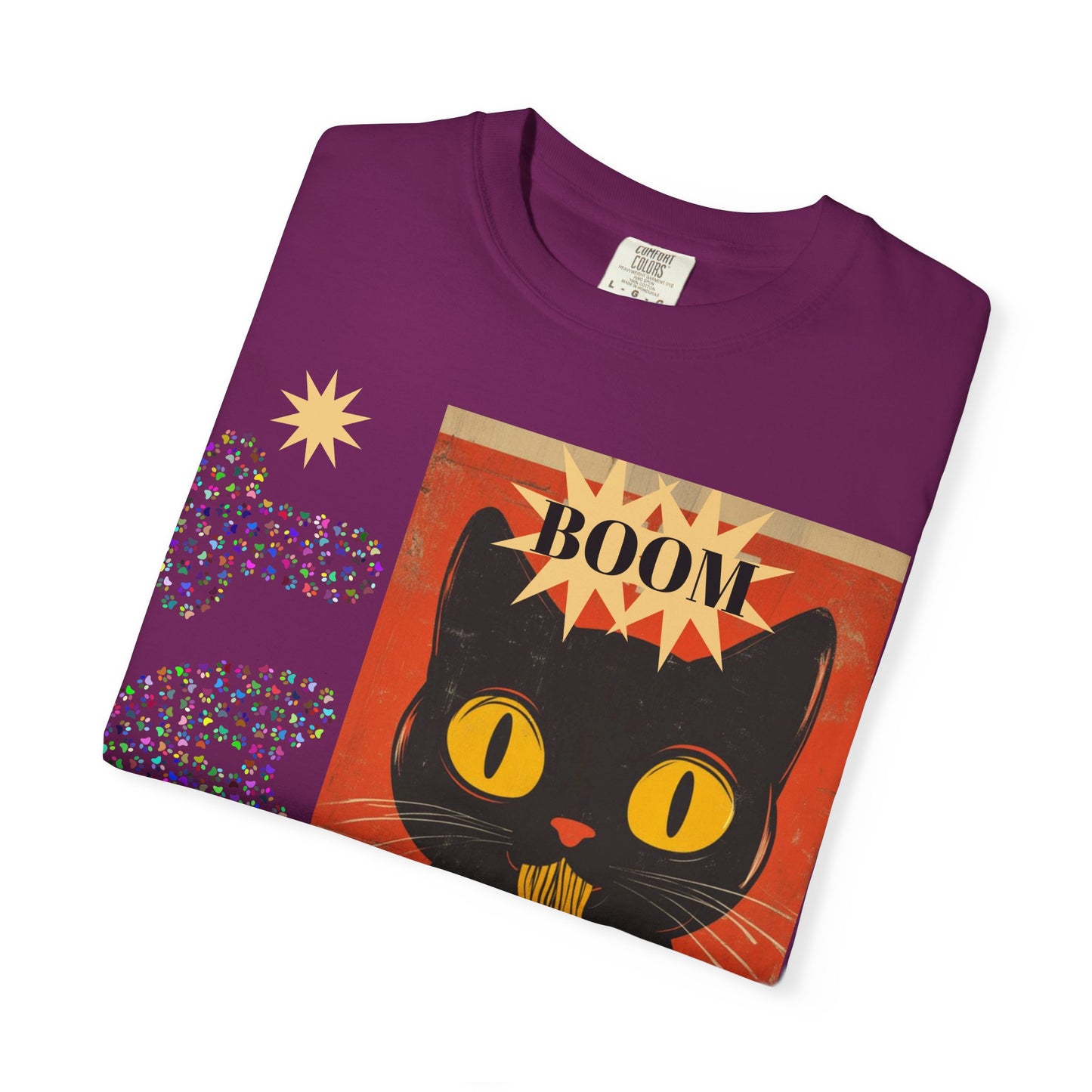 Boom Cat. Retro Cat Graphic T-Shirt, Cute Cat Tee for Food Lovers, Unique Gift for Cat Lovers, Fun Casual Wear, Vintage Style Shirt
