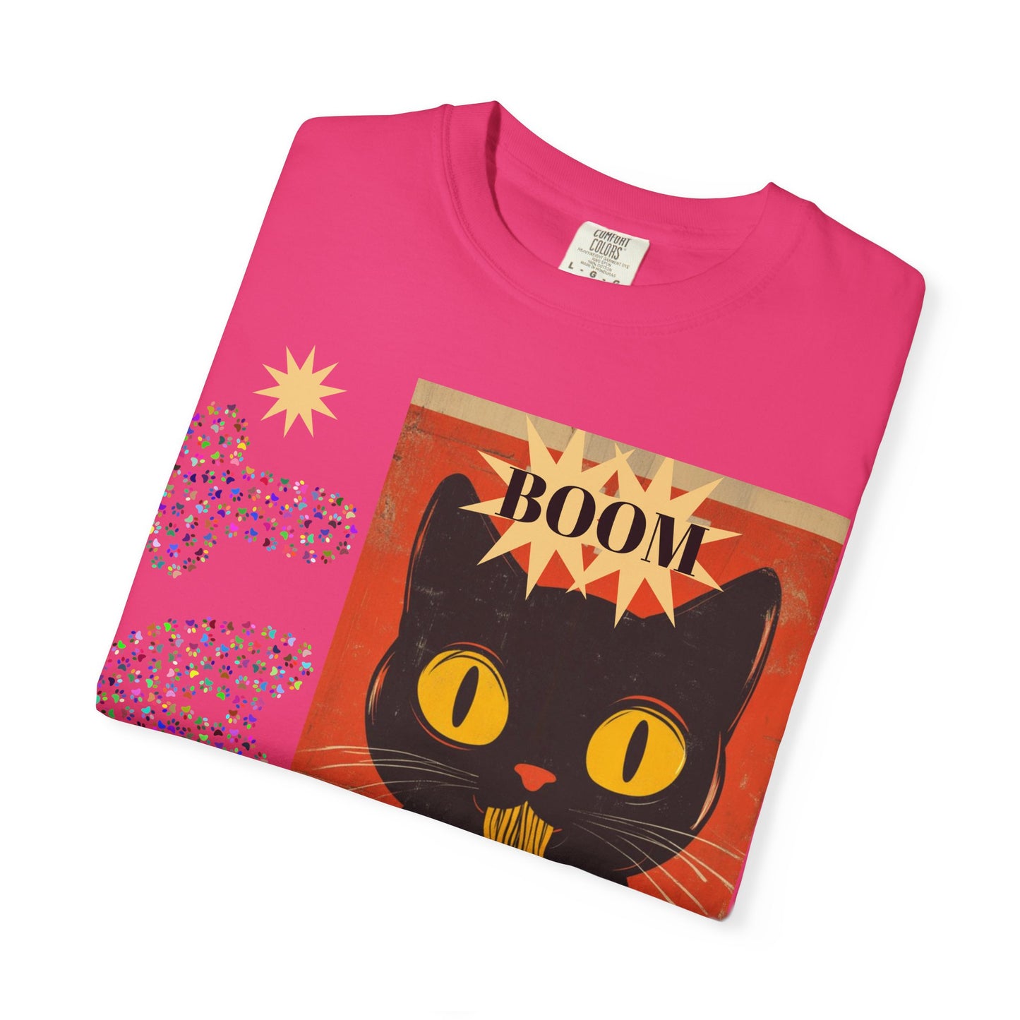 Boom Cat. Retro Cat Graphic T-Shirt, Cute Cat Tee for Food Lovers, Unique Gift for Cat Lovers, Fun Casual Wear, Vintage Style Shirt