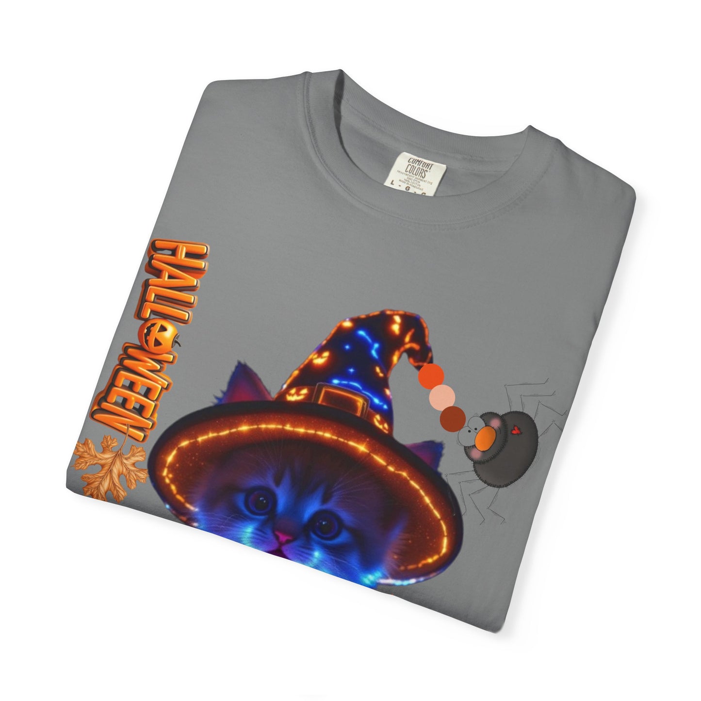 Halloween Cat T-Shirt, Unisex Garment-Dyed Tee, Cute Halloween Shirt, Spooky Cat Apparel, Fall Festival Top, Cat Lover Gift