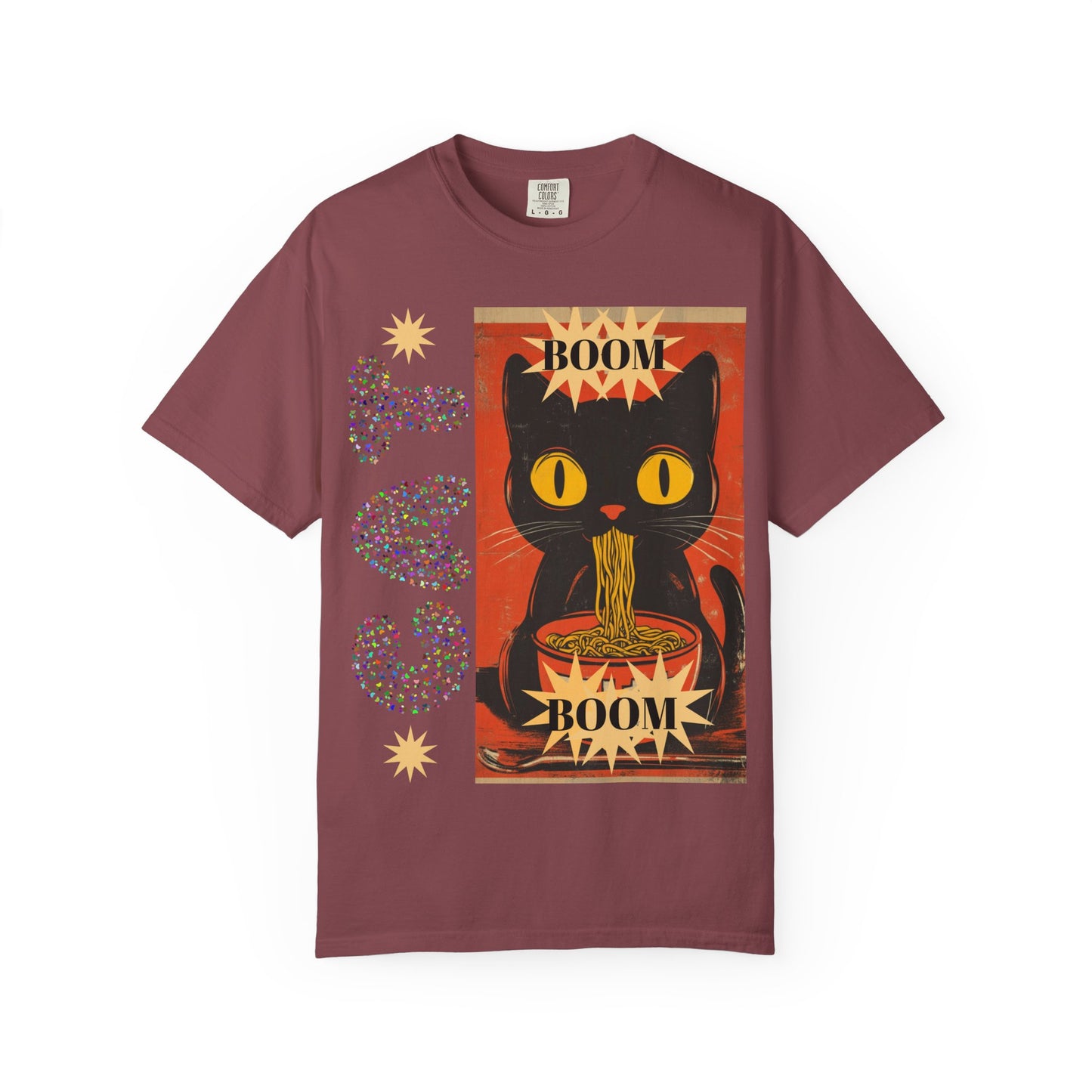 Boom Cat. Retro Cat Graphic T-Shirt, Cute Cat Tee for Food Lovers, Unique Gift for Cat Lovers, Fun Casual Wear, Vintage Style Shirt