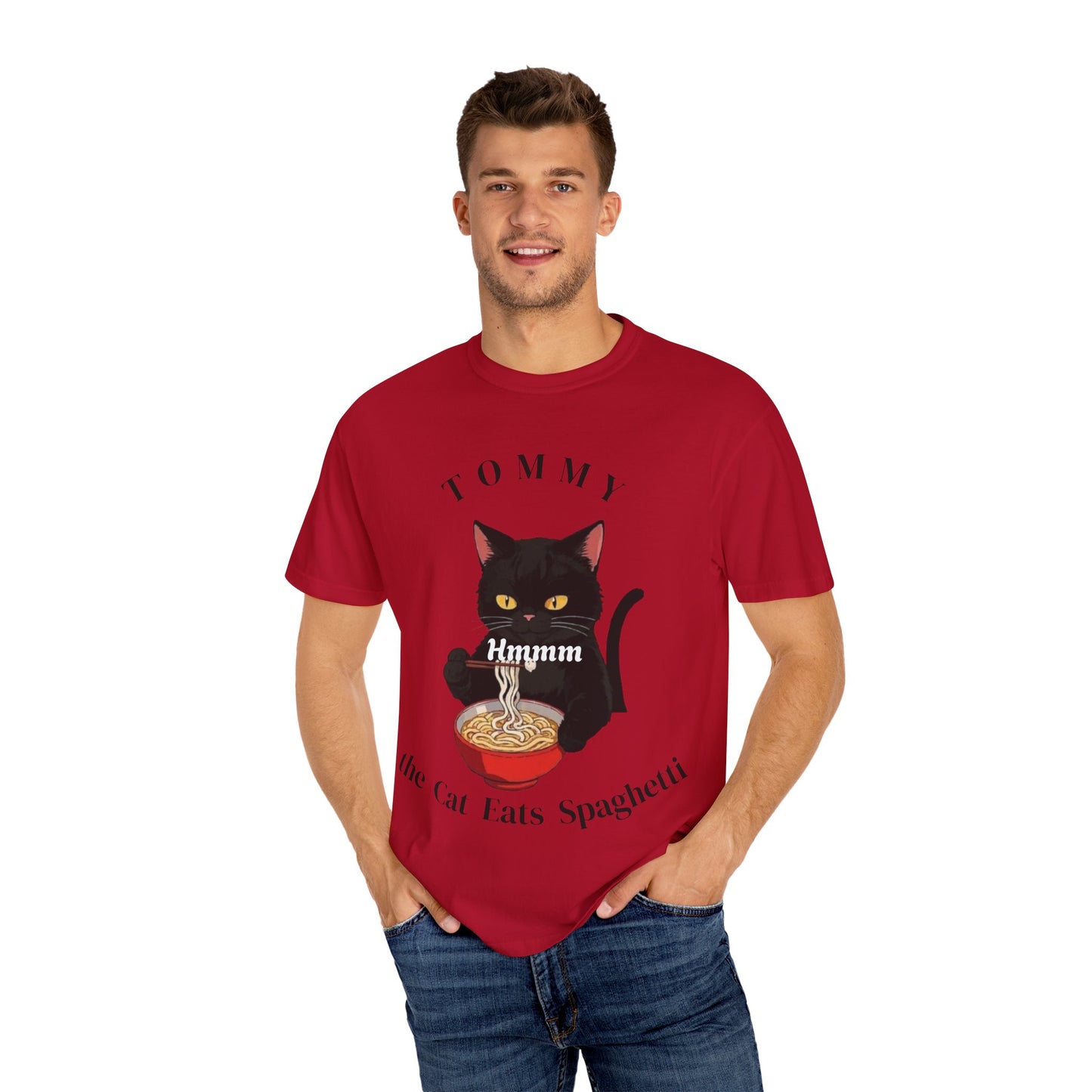 Funny Cat T-Shirt - Tommy the Cat Eats Spaghetti, Gift for Cat Lovers, Cute Pet Apparel, Relaxed Summer Tee, Cat-Themed Clothing