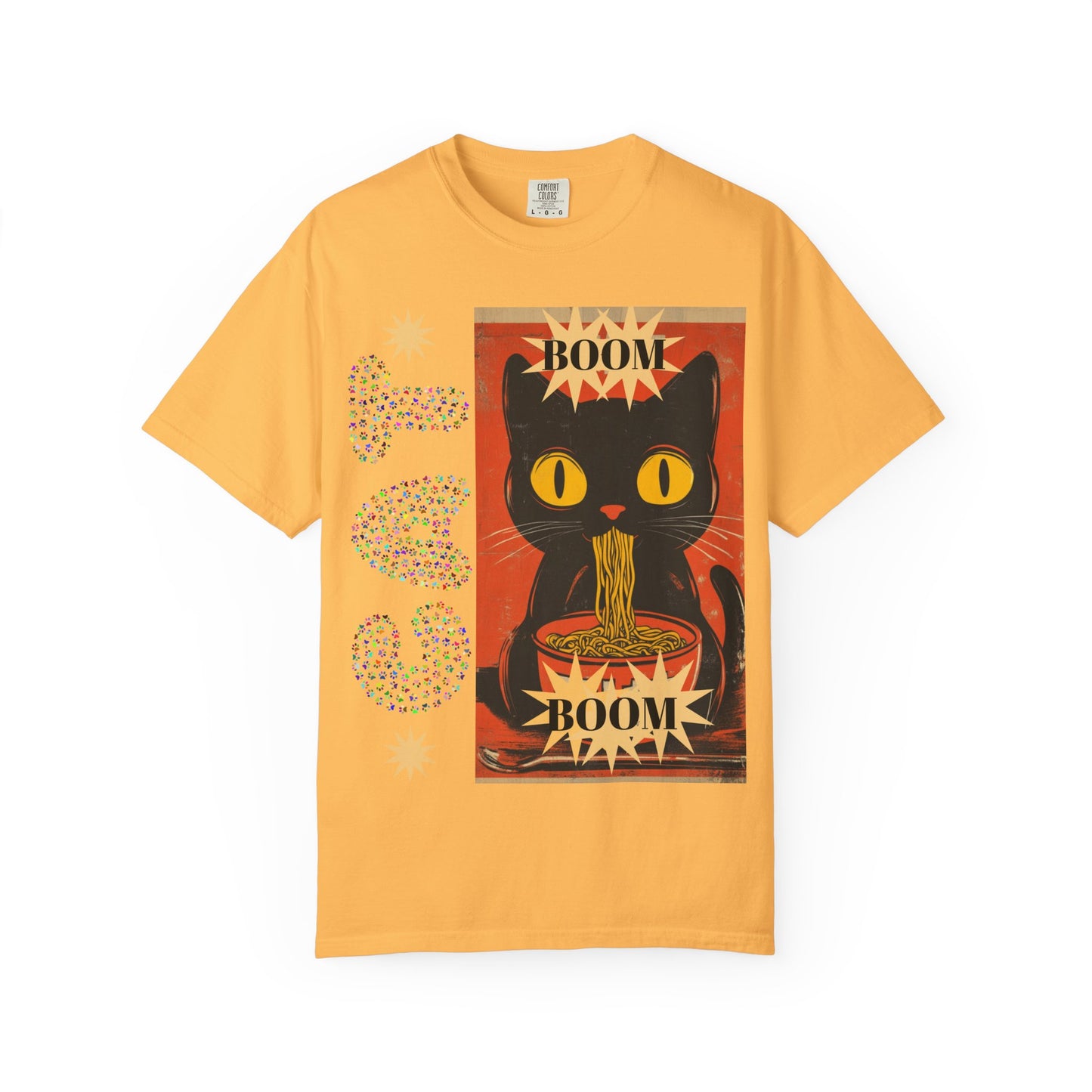 Boom Cat. Retro Cat Graphic T-Shirt, Cute Cat Tee for Food Lovers, Unique Gift for Cat Lovers, Fun Casual Wear, Vintage Style Shirt