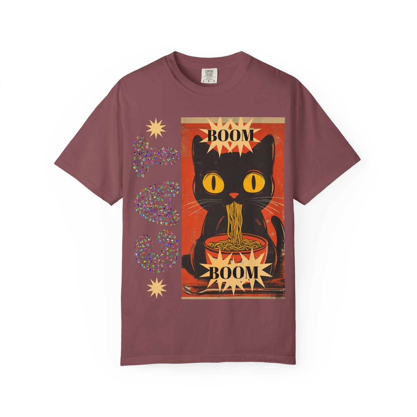 Boom Cat. Retro Cat Graphic T-Shirt, Cute Cat Tee for Food Lovers, Unique Gift for Cat Lovers, Fun Casual Wear, Vintage Style Shirt