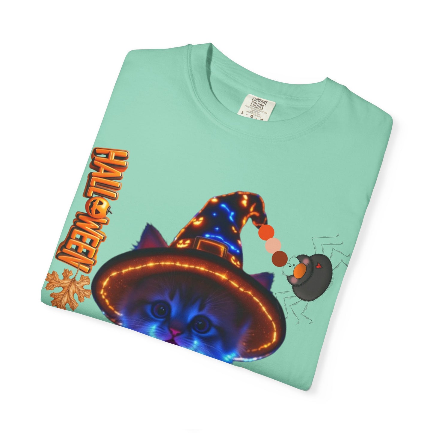 Halloween Cat T-Shirt, Unisex Garment-Dyed Tee, Cute Halloween Shirt, Spooky Cat Apparel, Fall Festival Top, Cat Lover Gift