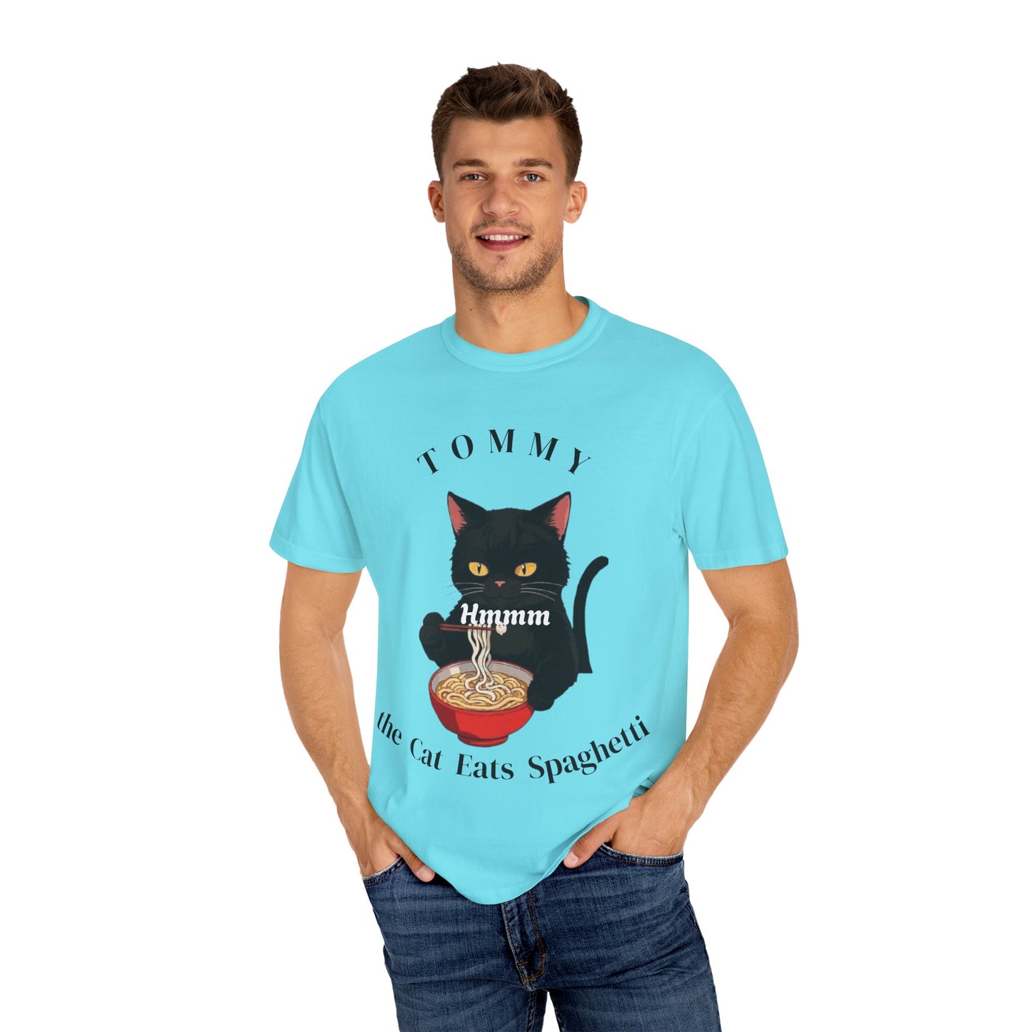 Funny Cat T-Shirt - Tommy the Cat Eats Spaghetti, Gift for Cat Lovers, Cute Pet Apparel, Relaxed Summer Tee, Cat-Themed Clothing