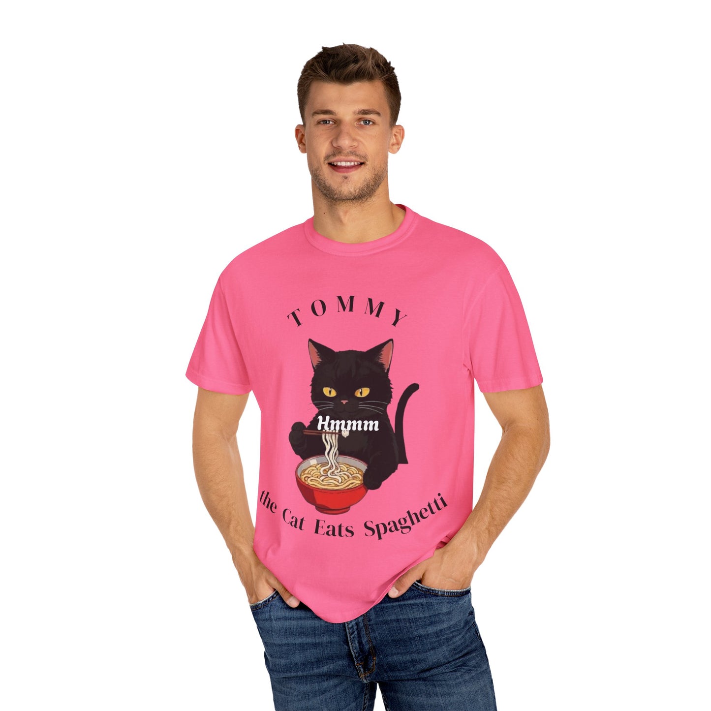 Funny Cat T-Shirt - Tommy the Cat Eats Spaghetti, Gift for Cat Lovers, Cute Pet Apparel, Relaxed Summer Tee, Cat-Themed Clothing