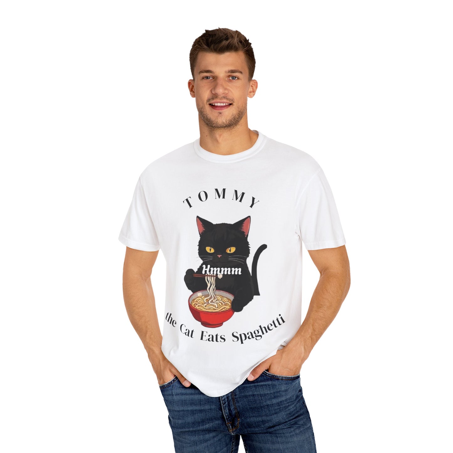 Funny Cat T-Shirt - Tommy the Cat Eats Spaghetti, Gift for Cat Lovers, Cute Pet Apparel, Relaxed Summer Tee, Cat-Themed Clothing