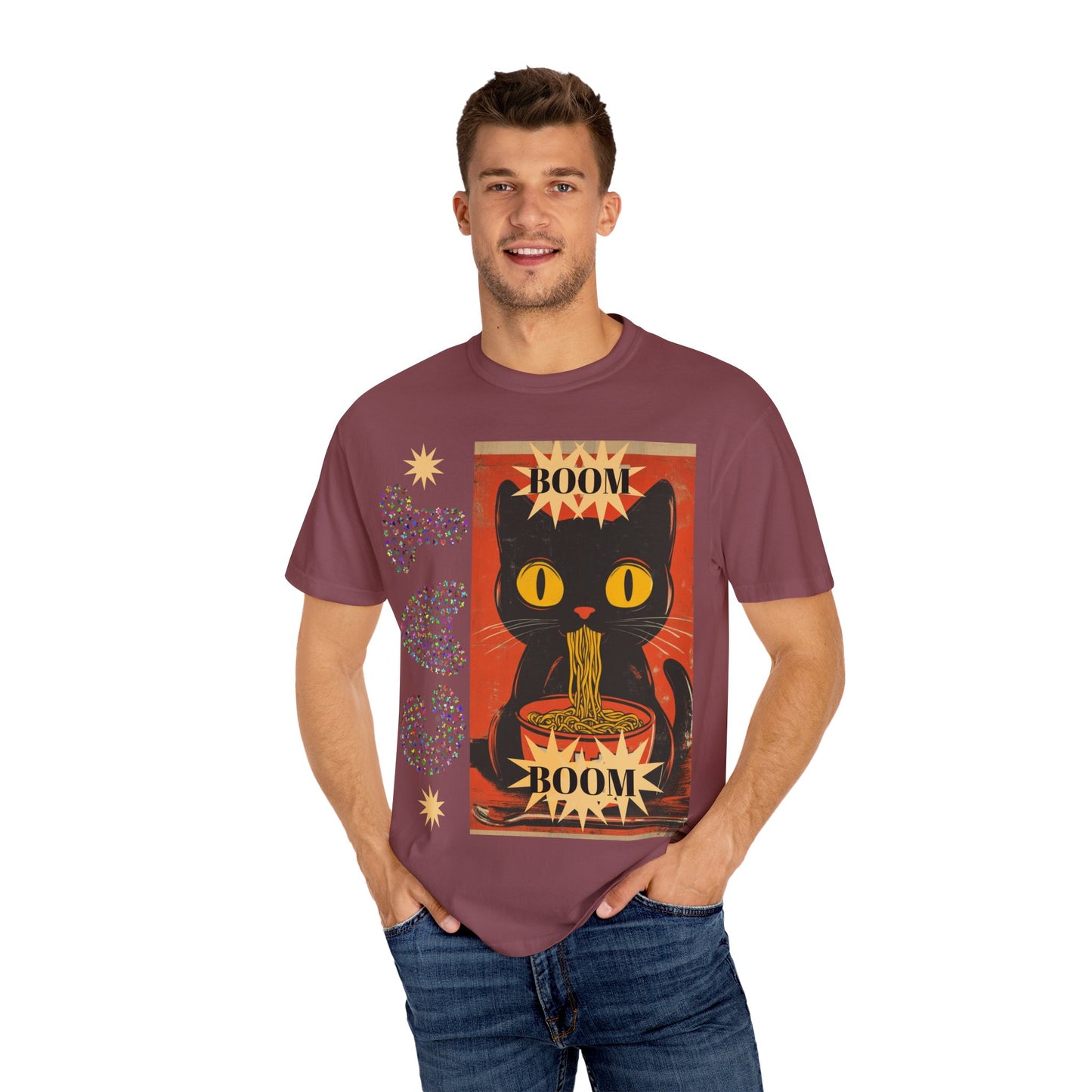 Boom Cat. Retro Cat Graphic T-Shirt, Cute Cat Tee for Food Lovers, Unique Gift for Cat Lovers, Fun Casual Wear, Vintage Style Shirt