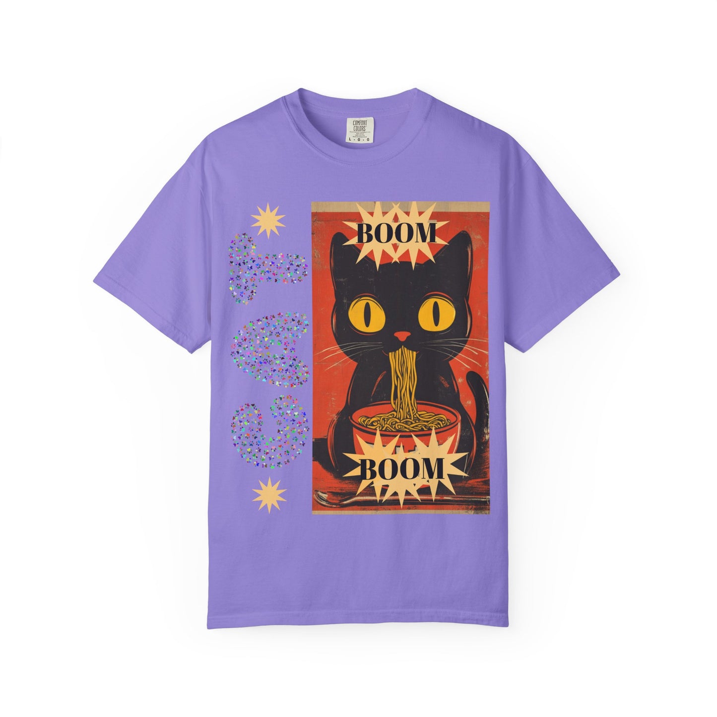 Boom Cat. Retro Cat Graphic T-Shirt, Cute Cat Tee for Food Lovers, Unique Gift for Cat Lovers, Fun Casual Wear, Vintage Style Shirt