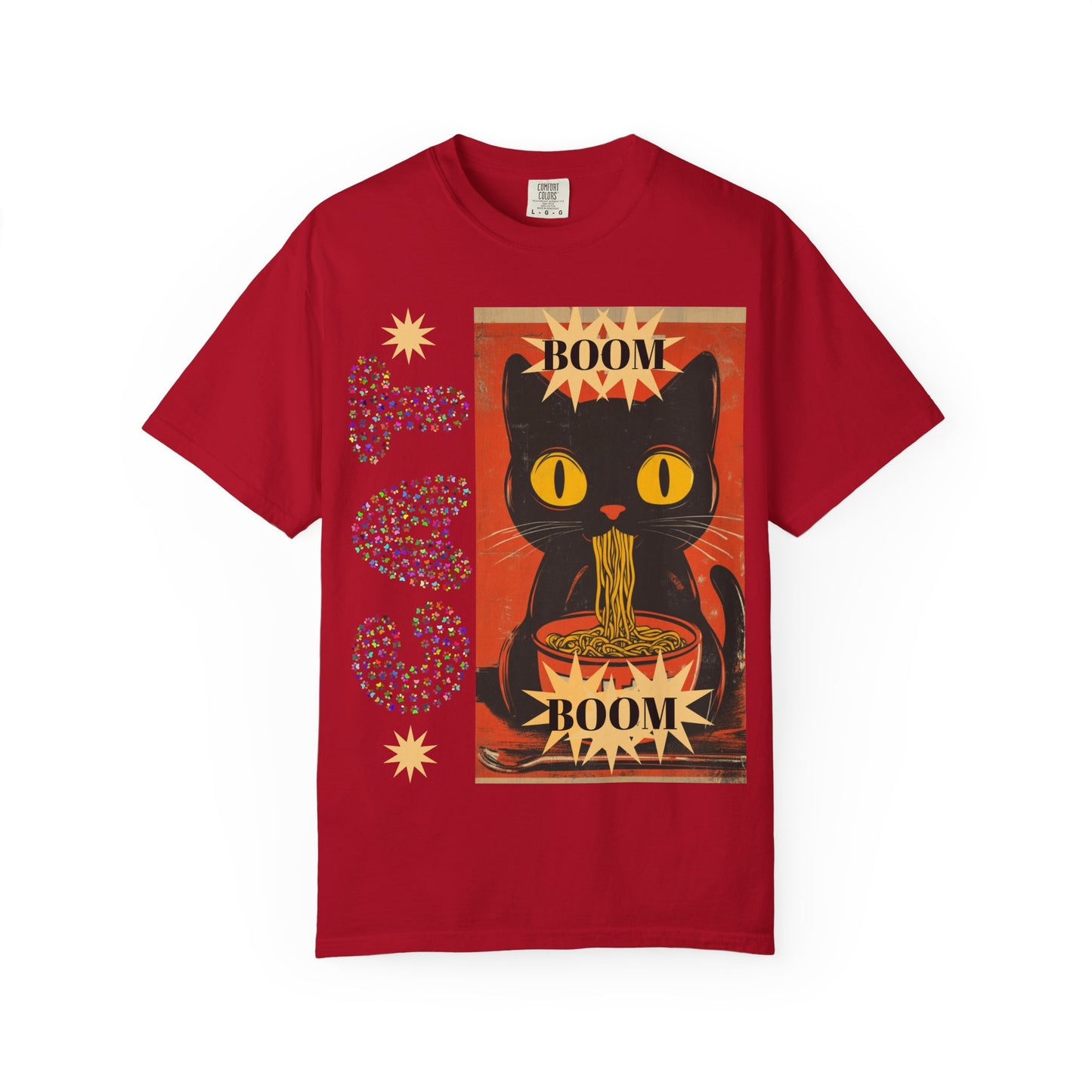 Boom Cat. Retro Cat Graphic T-Shirt, Cute Cat Tee for Food Lovers, Unique Gift for Cat Lovers, Fun Casual Wear, Vintage Style Shirt