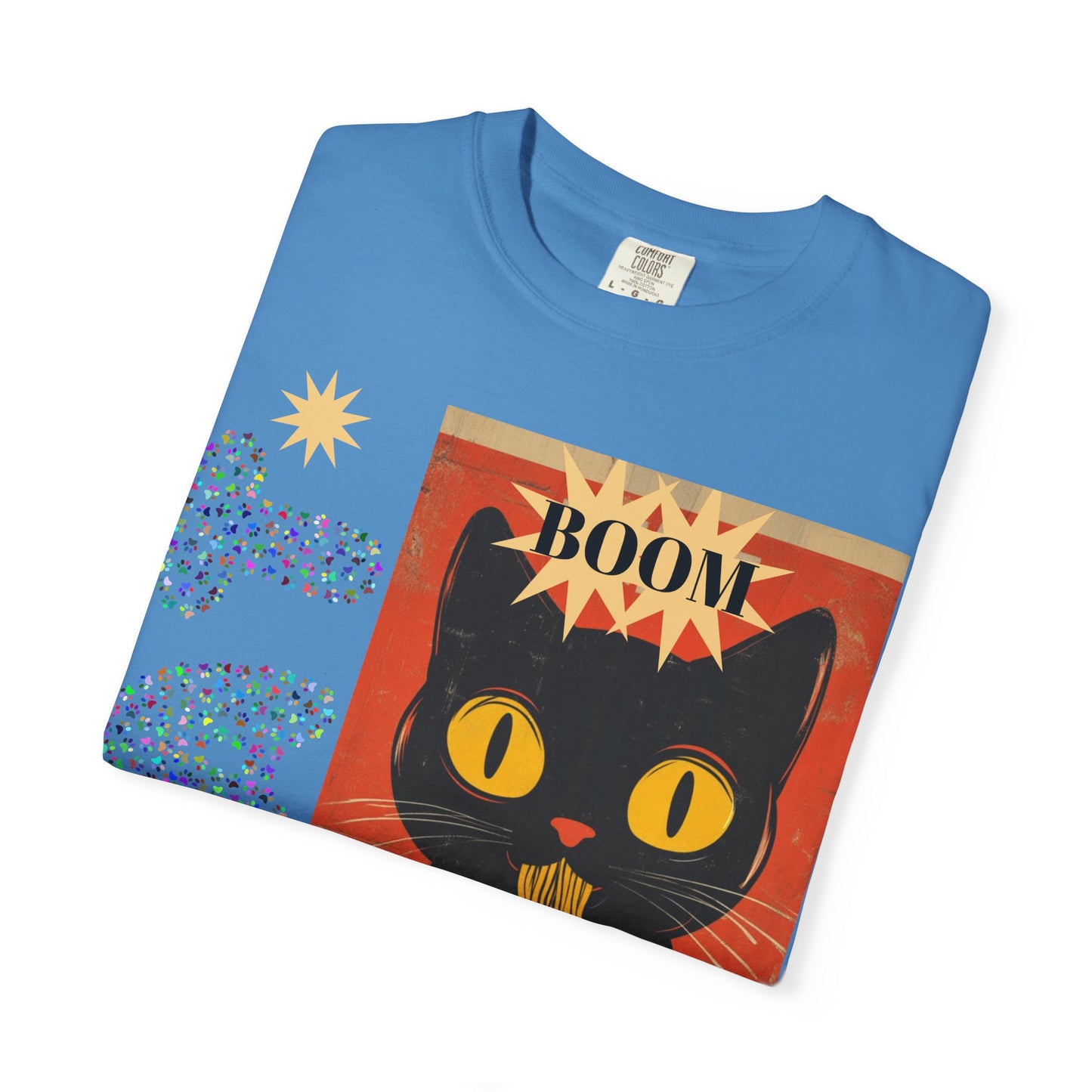 Boom Cat. Retro Cat Graphic T-Shirt, Cute Cat Tee for Food Lovers, Unique Gift for Cat Lovers, Fun Casual Wear, Vintage Style Shirt