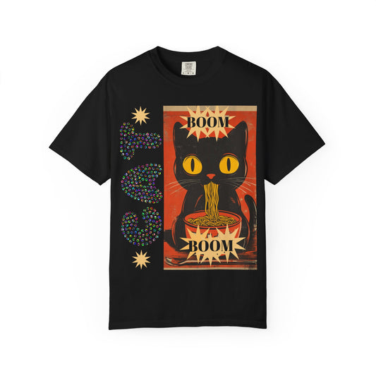 Boom Cat. Retro Cat Graphic T-Shirt, Cute Cat Tee for Food Lovers, Unique Gift for Cat Lovers, Fun Casual Wear, Vintage Style Shirt