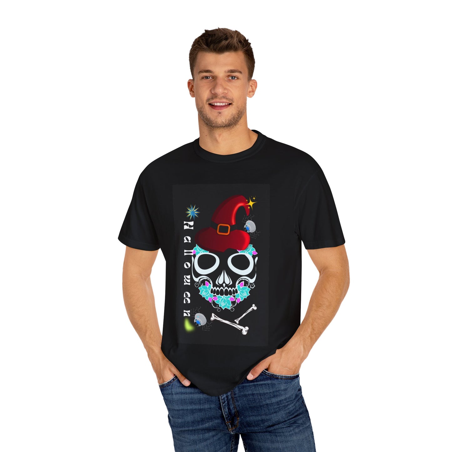 Festive Skull T-Shirt Black | Halloween and Christmas Themed Tee | Unisex Garment-Dyed Tee, Holiday Gift, Partywear, Fun Shirt, Unique Design, Holiday Shirt USA