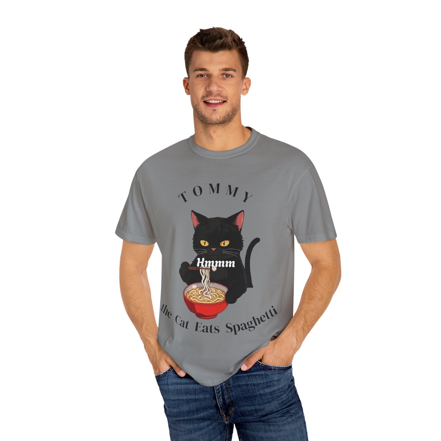 Funny Cat T-Shirt - Tommy the Cat Eats Spaghetti, Gift for Cat Lovers, Cute Pet Apparel, Relaxed Summer Tee, Cat-Themed Clothing