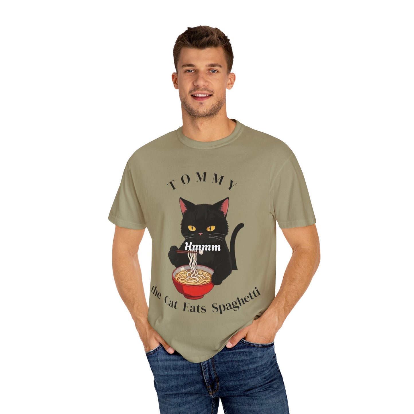 Funny Cat T-Shirt - Tommy the Cat Eats Spaghetti, Gift for Cat Lovers, Cute Pet Apparel, Relaxed Summer Tee, Cat-Themed Clothing