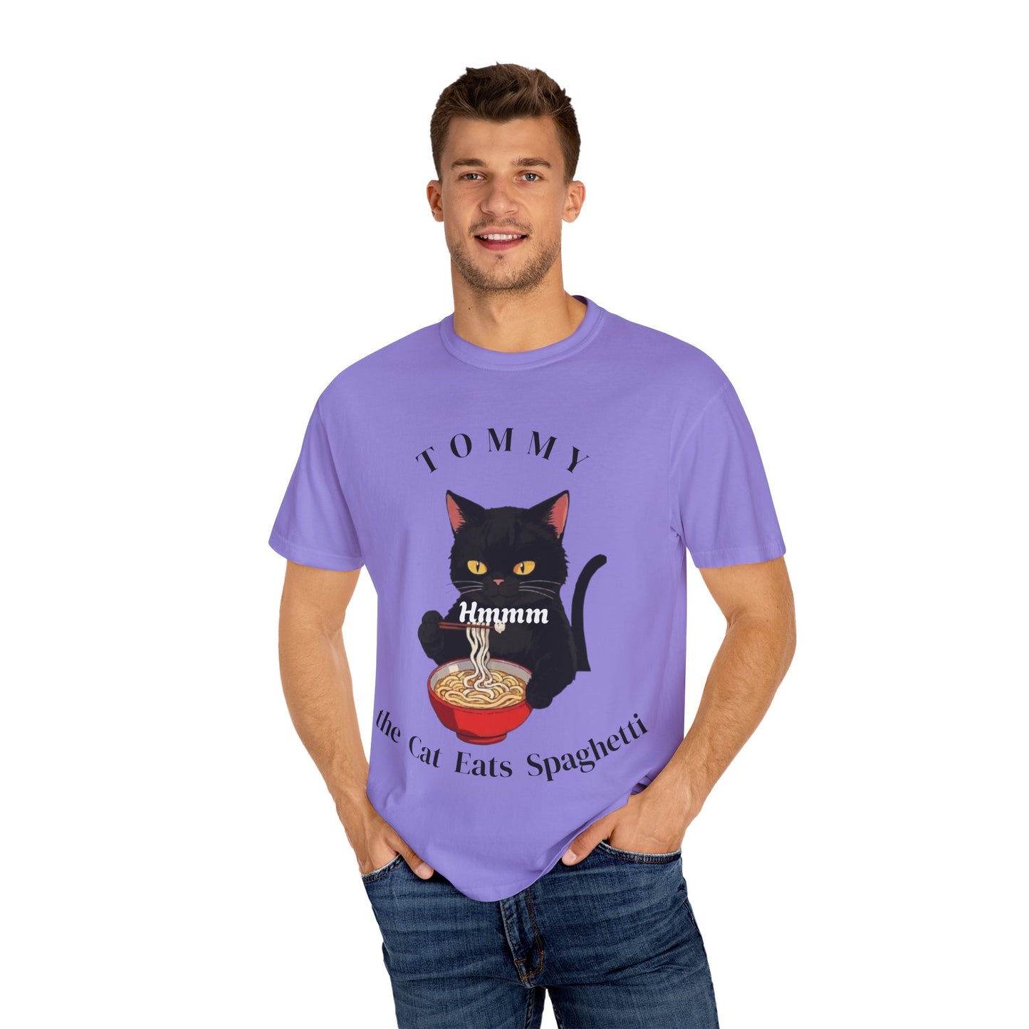 Funny Cat T-Shirt - Tommy the Cat Eats Spaghetti, Gift for Cat Lovers, Cute Pet Apparel, Relaxed Summer Tee, Cat-Themed Clothing
