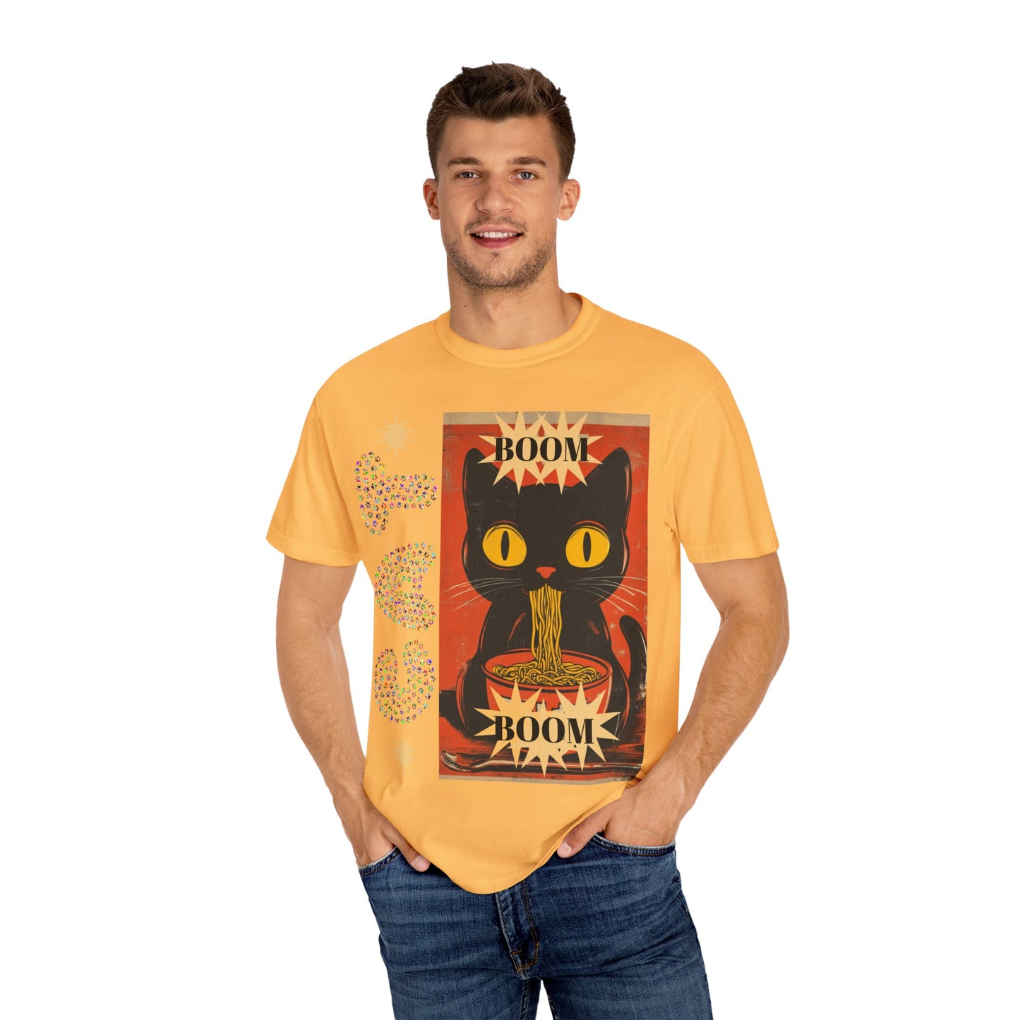 Boom Cat. Retro Cat Graphic T-Shirt, Cute Cat Tee for Food Lovers, Unique Gift for Cat Lovers, Fun Casual Wear, Vintage Style Shirt