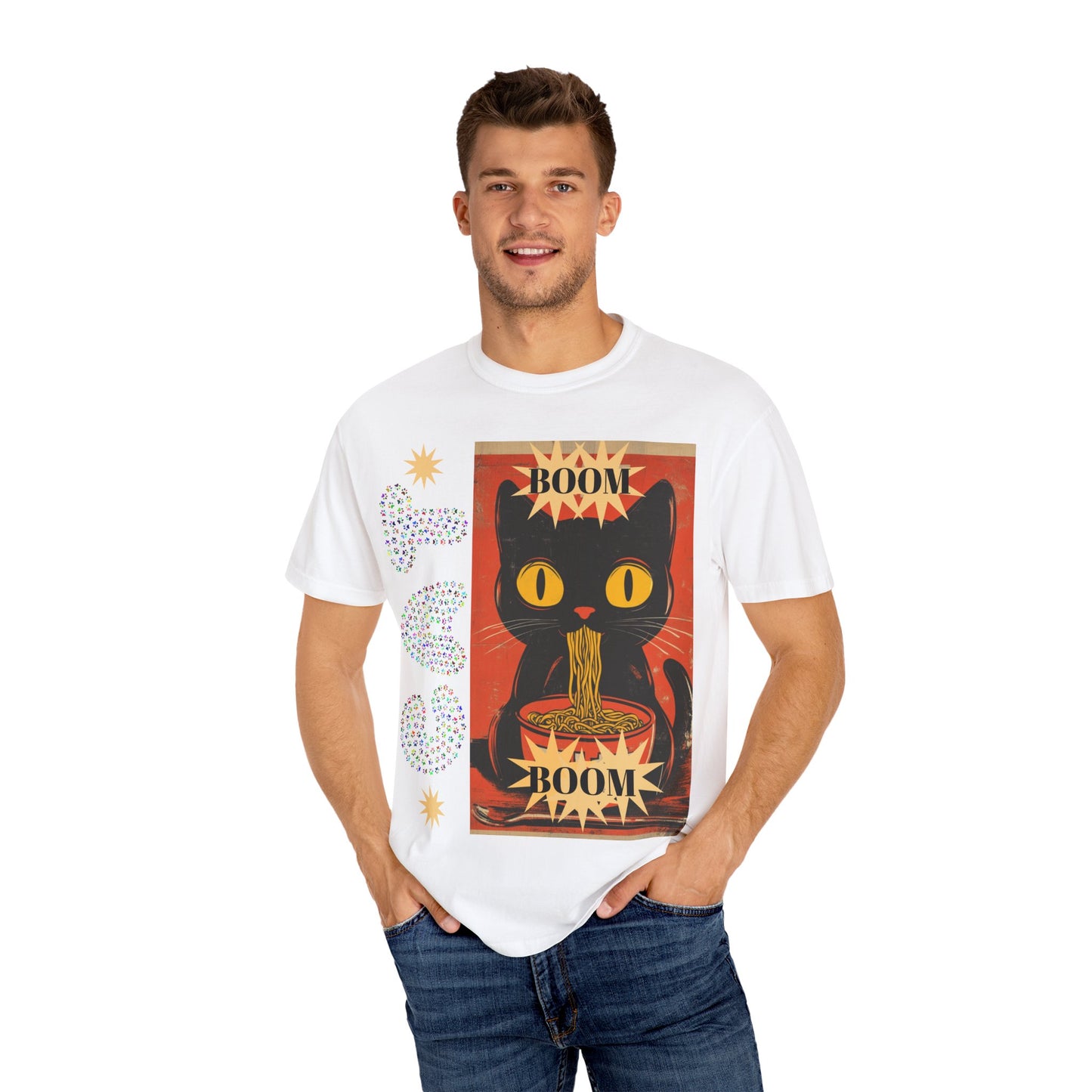 Boom Cat. Retro Cat Graphic T-Shirt, Cute Cat Tee for Food Lovers, Unique Gift for Cat Lovers, Fun Casual Wear, Vintage Style Shirt