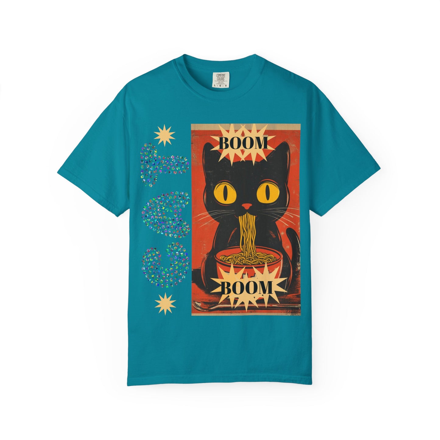 Boom Cat. Retro Cat Graphic T-Shirt, Cute Cat Tee for Food Lovers, Unique Gift for Cat Lovers, Fun Casual Wear, Vintage Style Shirt