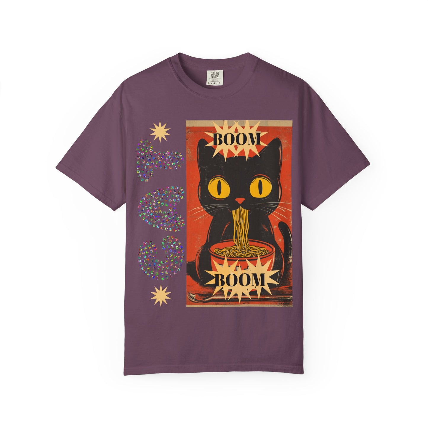 Boom Cat. Retro Cat Graphic T-Shirt, Cute Cat Tee for Food Lovers, Unique Gift for Cat Lovers, Fun Casual Wear, Vintage Style Shirt