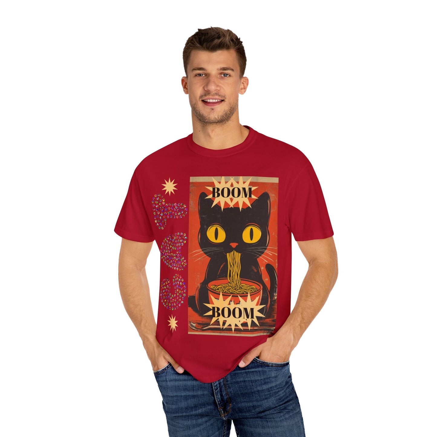 Boom Cat. Retro Cat Graphic T-Shirt, Cute Cat Tee for Food Lovers, Unique Gift for Cat Lovers, Fun Casual Wear, Vintage Style Shirt