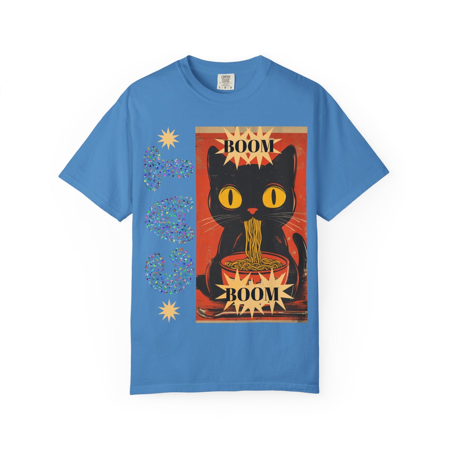 Boom Cat. Retro Cat Graphic T-Shirt, Cute Cat Tee for Food Lovers, Unique Gift for Cat Lovers, Fun Casual Wear, Vintage Style Shirt