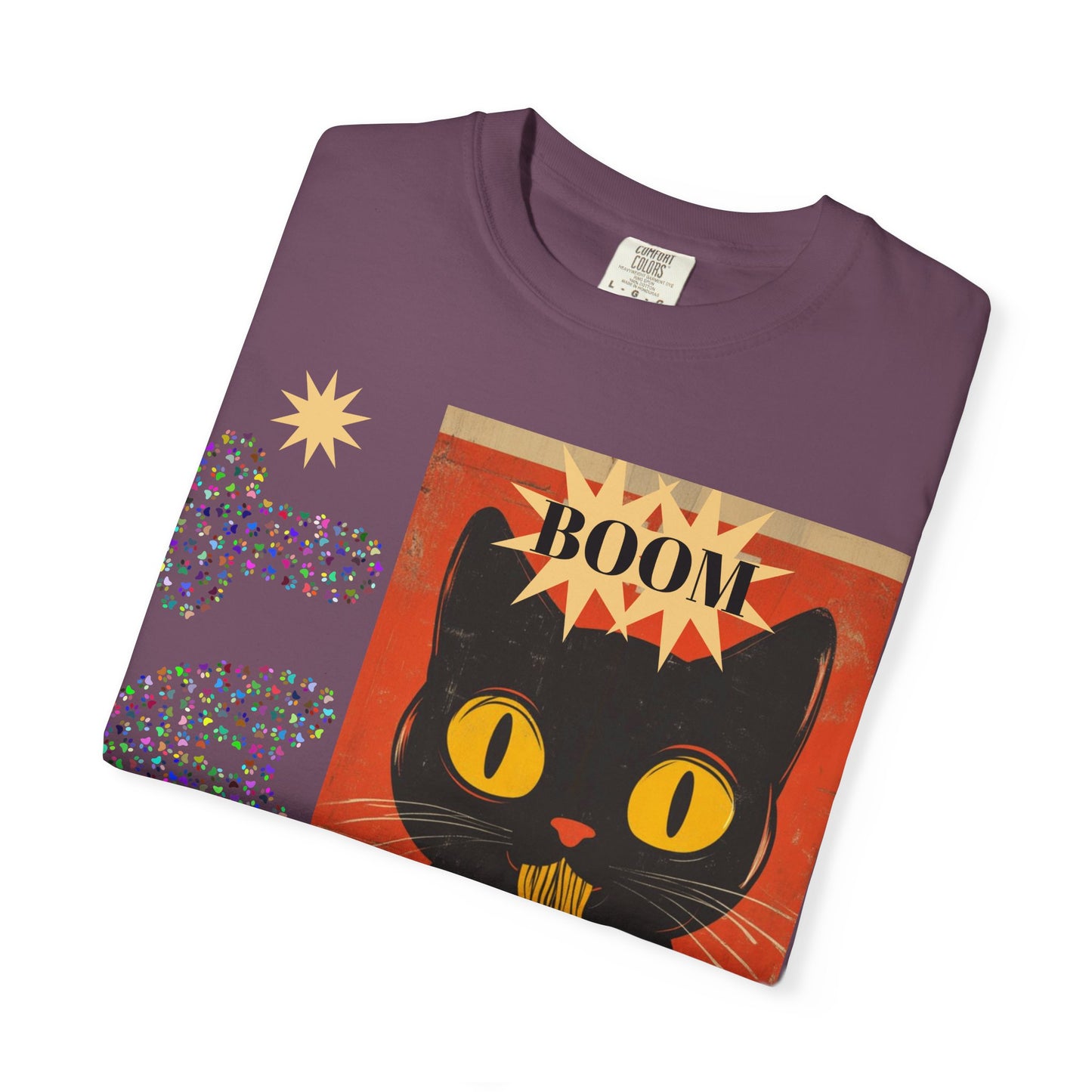 Boom Cat. Retro Cat Graphic T-Shirt, Cute Cat Tee for Food Lovers, Unique Gift for Cat Lovers, Fun Casual Wear, Vintage Style Shirt