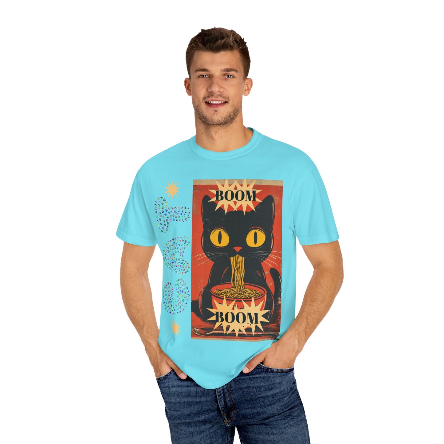 Boom Cat. Retro Cat Graphic T-Shirt, Cute Cat Tee for Food Lovers, Unique Gift for Cat Lovers, Fun Casual Wear, Vintage Style Shirt