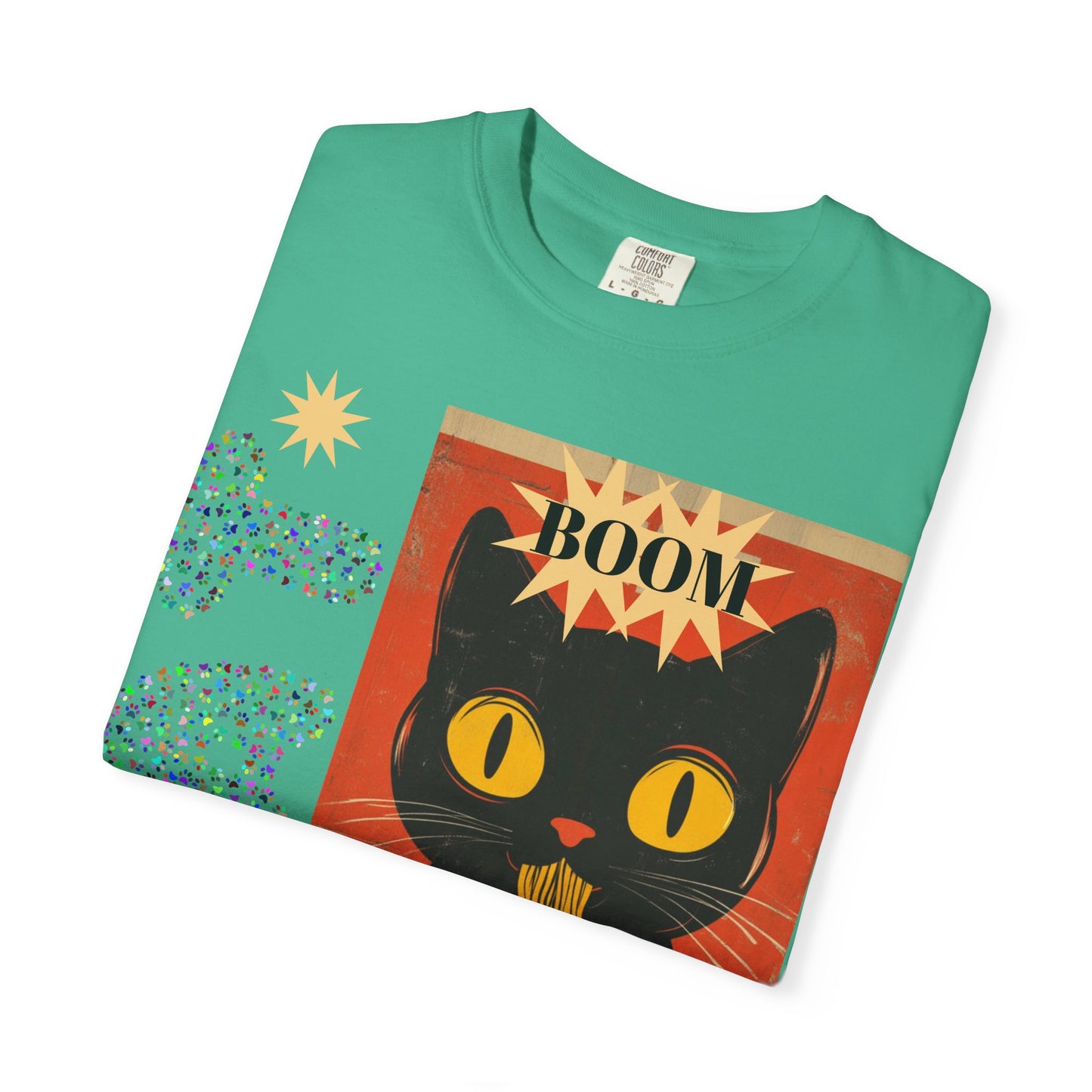 Boom Cat. Retro Cat Graphic T-Shirt, Cute Cat Tee for Food Lovers, Unique Gift for Cat Lovers, Fun Casual Wear, Vintage Style Shirt
