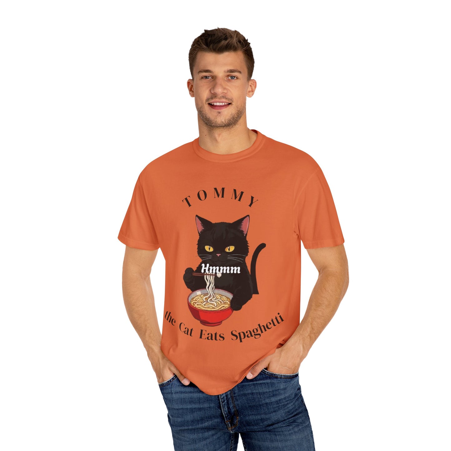 Funny Cat T-Shirt - Tommy the Cat Eats Spaghetti, Gift for Cat Lovers, Cute Pet Apparel, Relaxed Summer Tee, Cat-Themed Clothing