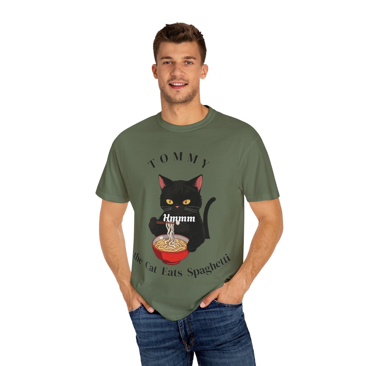 Funny Cat T-Shirt - Tommy the Cat Eats Spaghetti, Gift for Cat Lovers, Cute Pet Apparel, Relaxed Summer Tee, Cat-Themed Clothing