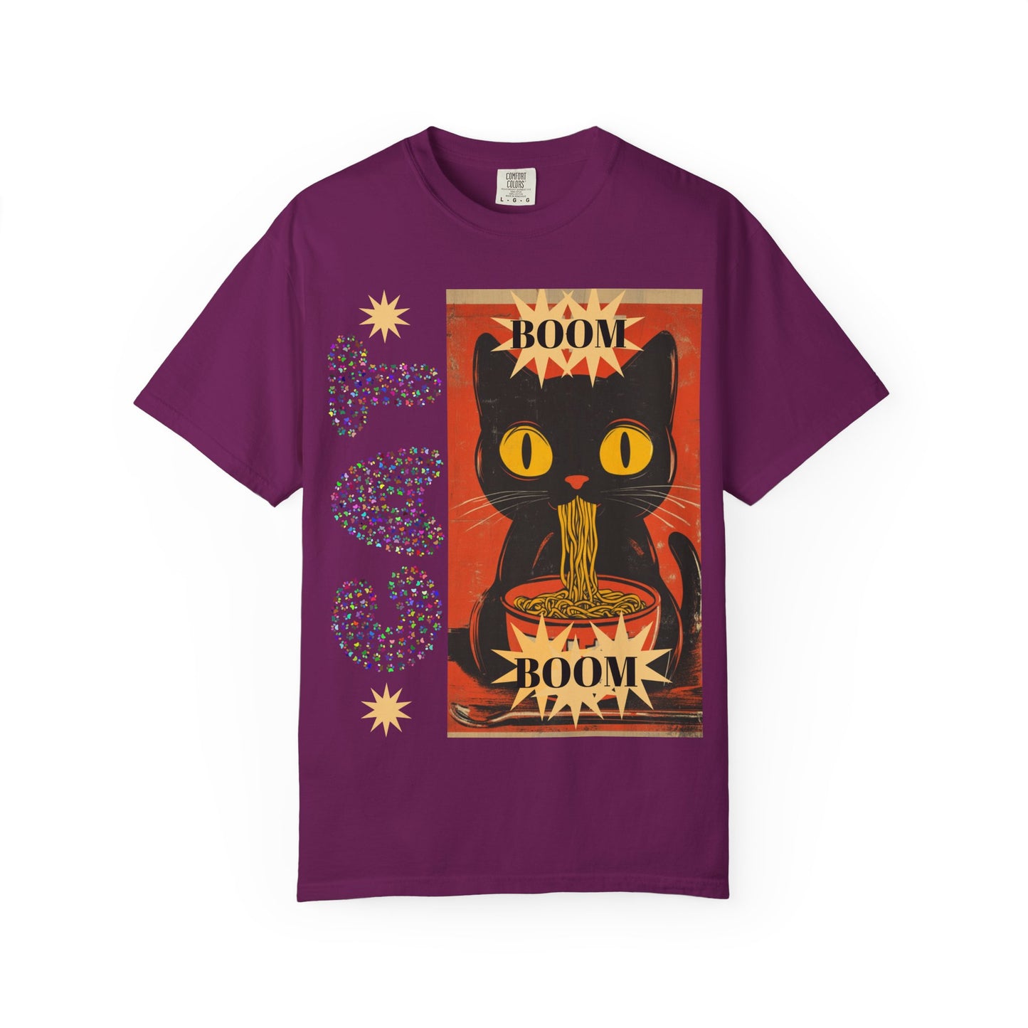 Boom Cat. Retro Cat Graphic T-Shirt, Cute Cat Tee for Food Lovers, Unique Gift for Cat Lovers, Fun Casual Wear, Vintage Style Shirt