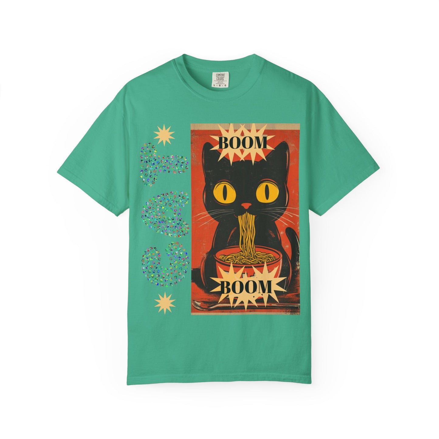 Boom Cat. Retro Cat Graphic T-Shirt, Cute Cat Tee for Food Lovers, Unique Gift for Cat Lovers, Fun Casual Wear, Vintage Style Shirt