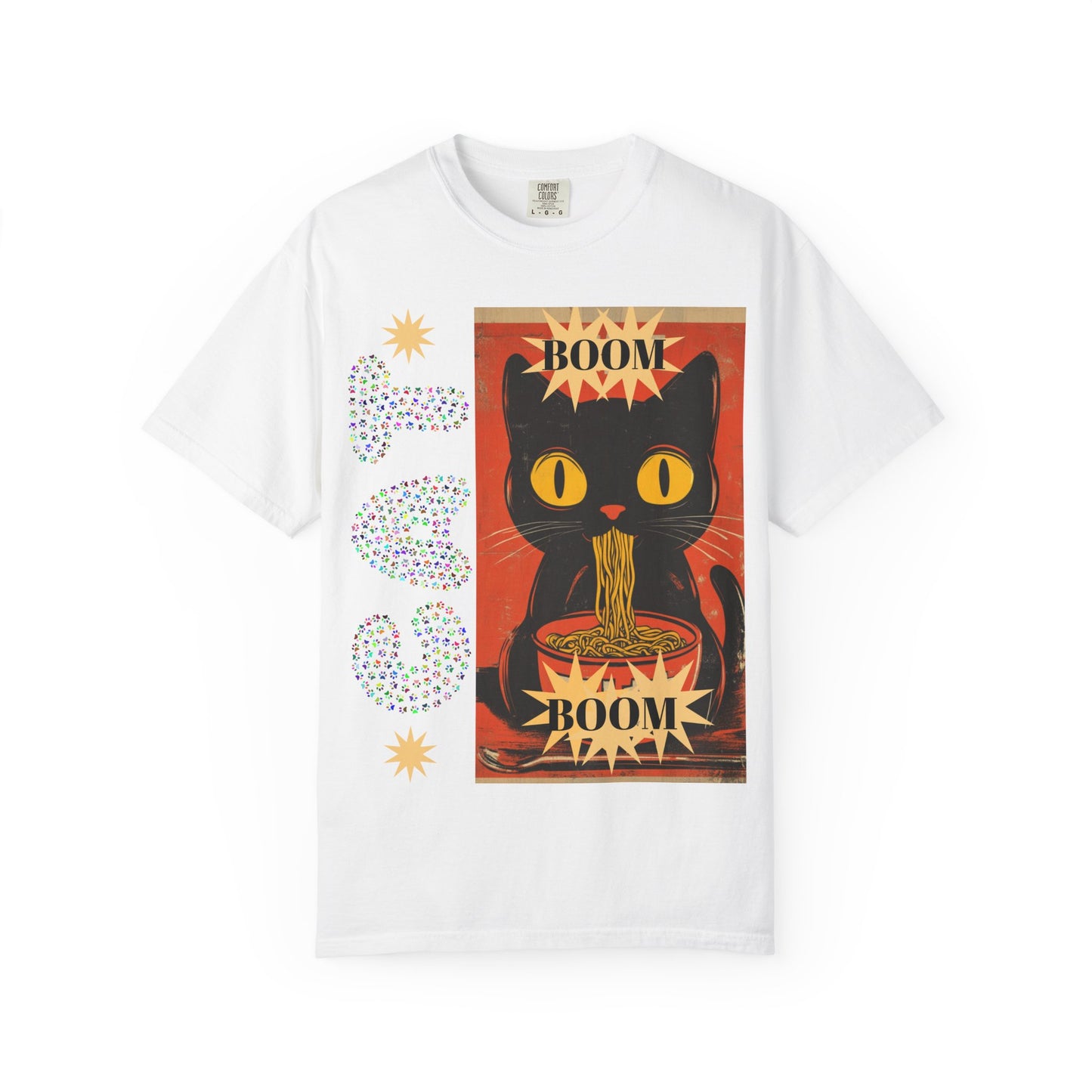 Boom Cat. Retro Cat Graphic T-Shirt, Cute Cat Tee for Food Lovers, Unique Gift for Cat Lovers, Fun Casual Wear, Vintage Style Shirt
